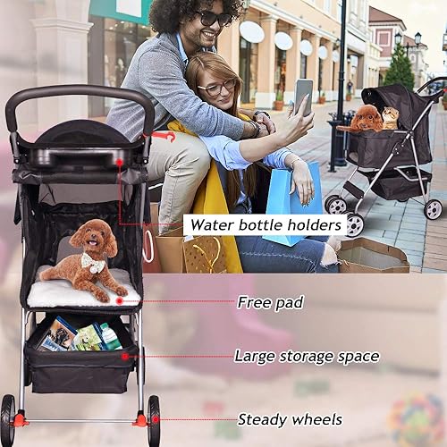 Miniatura 3 de Cochecito plegable de 4 ruedas para mascotas, para gatos, perros, cochecito de viaje, con portavasos y forro extraíble para perros pequeños y