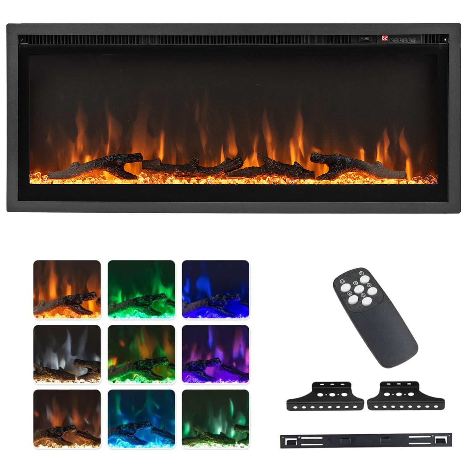 TANGZON 36"/42"/50" Electric Fireplace, Wall Mounted Recessed Freestanding Fireplace Heater with Log & Crystal Decor, 9 Flame Colors, 5 Brightness, Remote Control & 8H Timer (106 x 14 x 45cm)