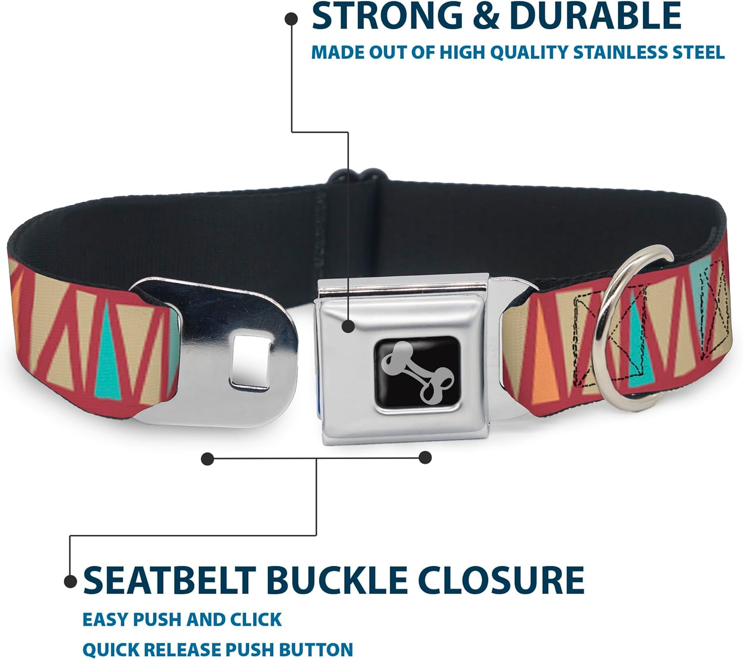 Dog Collar Seatbelt Buckle Zig Zag Doodle Red Tan Blues Orange 13 to 18 Inches 1.5 Inch Wide
