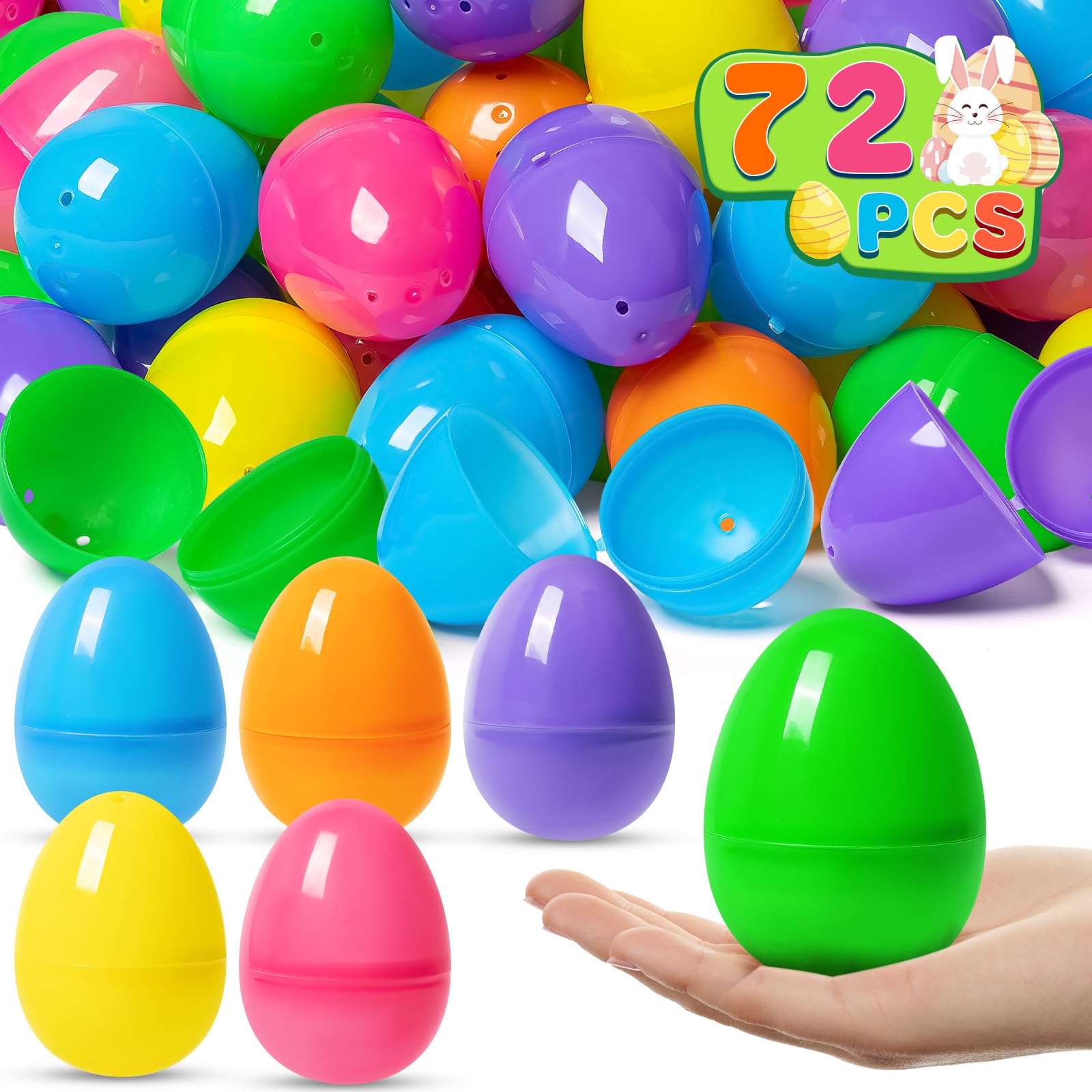 V-Opitos72 PCS Plastic Easter Eggs, 3.14'' Bulk Empty Easter Eggs in 6 Colors, Hinged Fillable Eggs for Easter Egg Hunt, Surprise Eggs, Basket Stuffers Fillers, Easter Party Favor for Kids