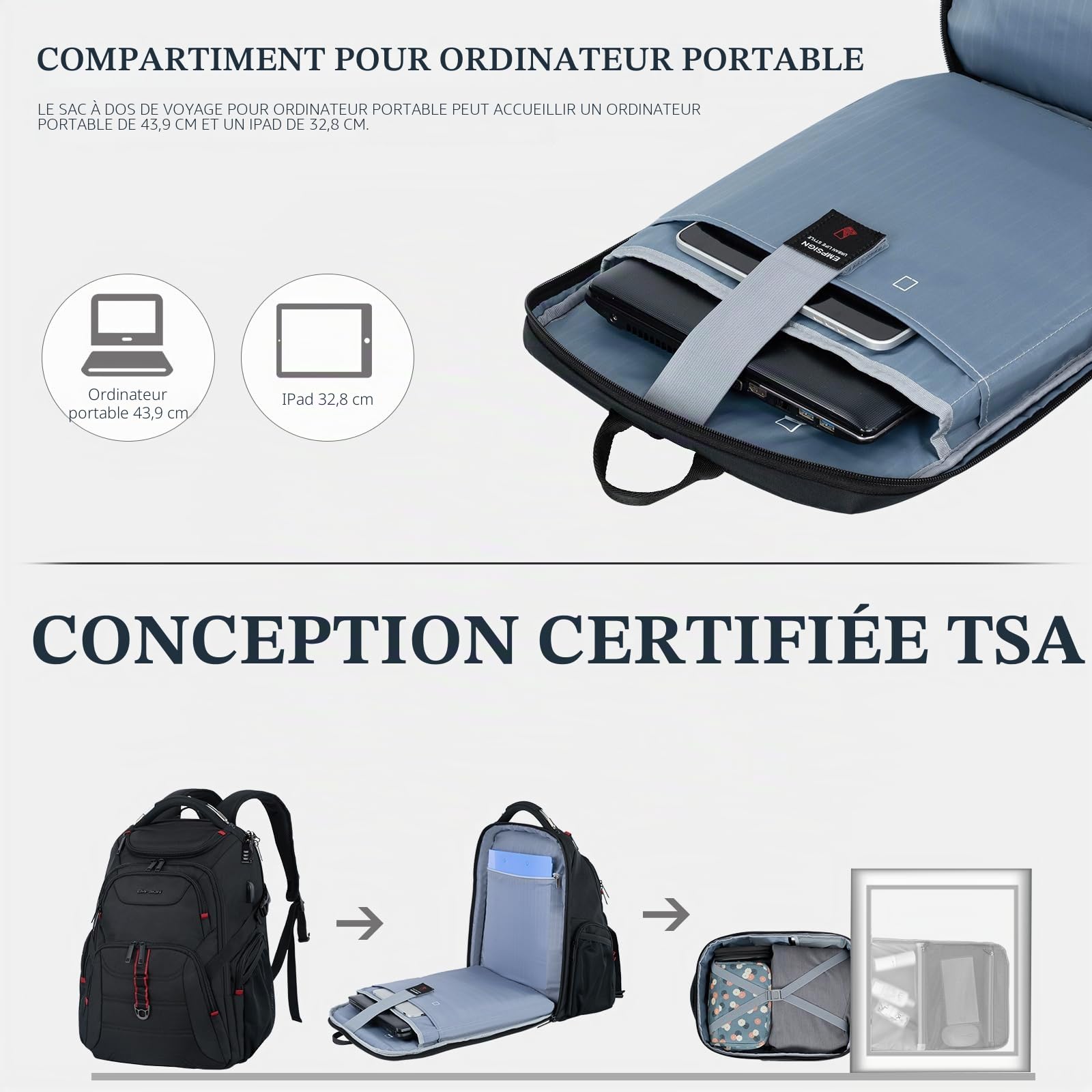 EMPSIGN Sac à Dos Homme Ordinateur 17.3 Pouces Imperméable avec USB Charging Port PC Portable Grande Capacité Voyage Scolaire Collège Affaire Noir