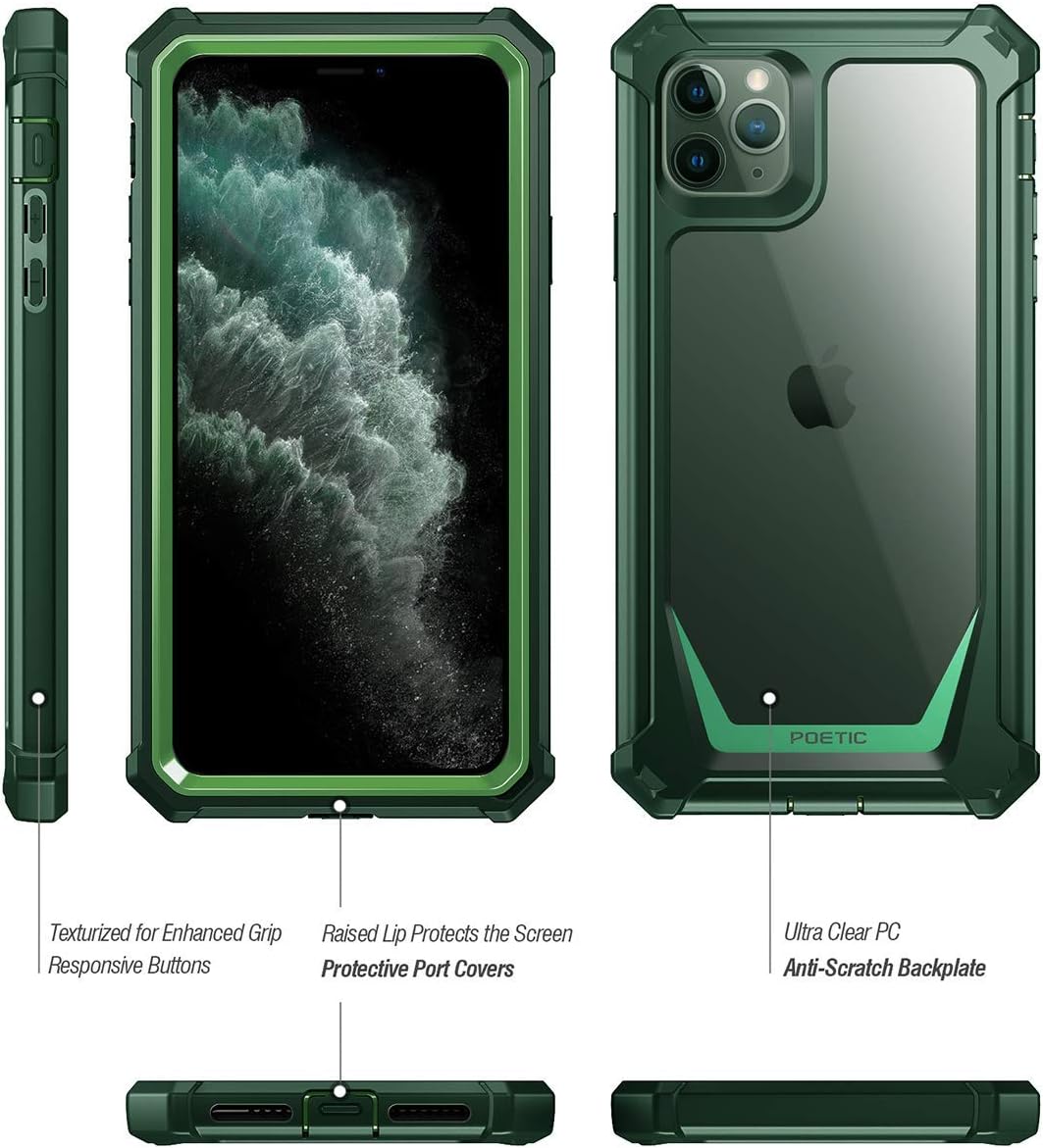 Free Shipping 🛒 iPhone 11 Pro Rugged Clear Case, Poetic Full-Body Hybrid Shockproof Bumper Cover, Built-in-Screen Protector, Guardian Series, Case for Apple iPhone 11 Pro (2019) 5.8 Inch, Olive Green/Clear