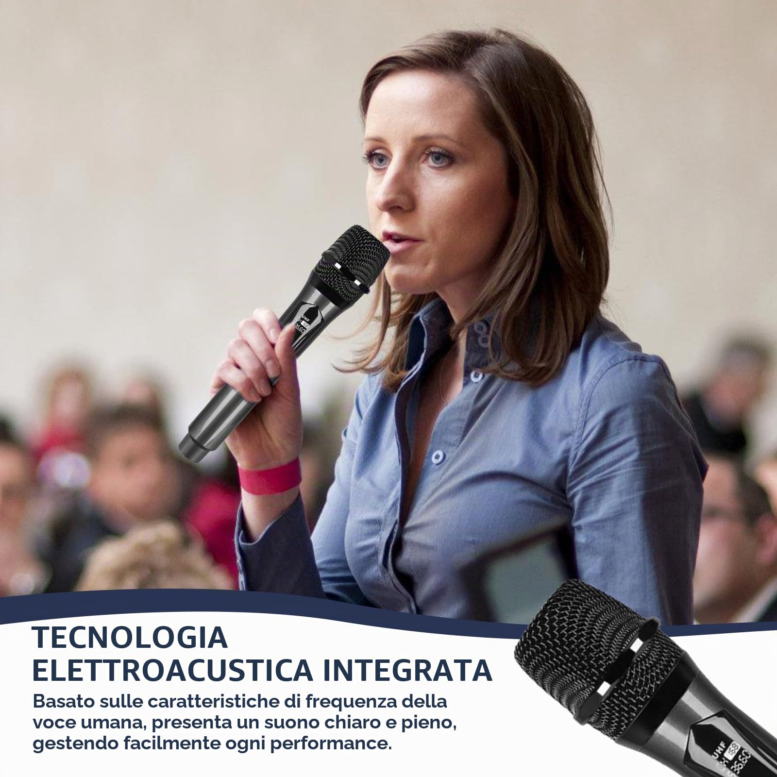 Doppio microfono senza fili, set di microfoni wireless con ricevitore ricaricabile – portata di 61 m, plug and play, suono cristallino per karaoke, matrimoni, feste, presentazioni, canto