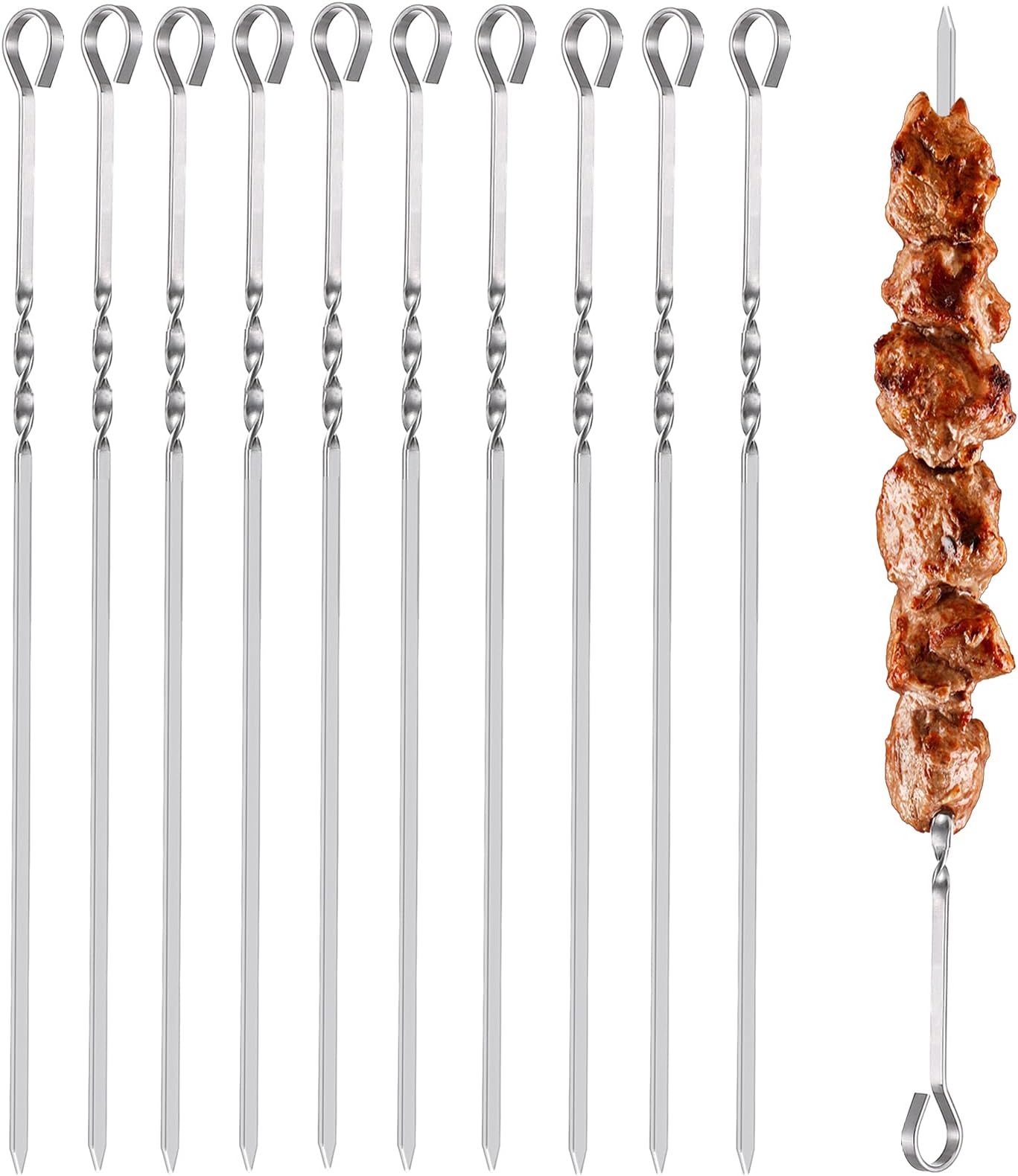 HCSSZ Kebab Skewers, 10PCS Stainless Steel BBQ Grilling Skewers Flat Reusable Metal Skewer Sticks 14.7inch for Barbecue, Camping Cooking, Shish Kabob, Party Essentials