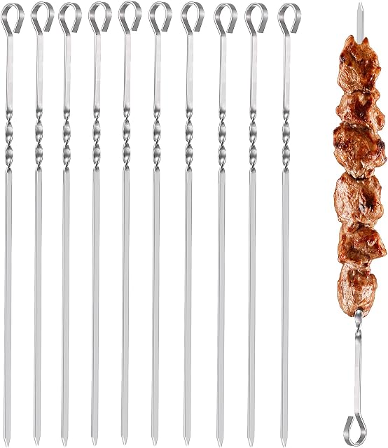 HCSSZ Kebab Skewers, 10PCS Stainless Steel BBQ Grilling Skewers Flat Reusable Metal Skewer Sticks 14.7inch for Barbecue, Camping Cooking, Shish Kabob, Party Essentials
