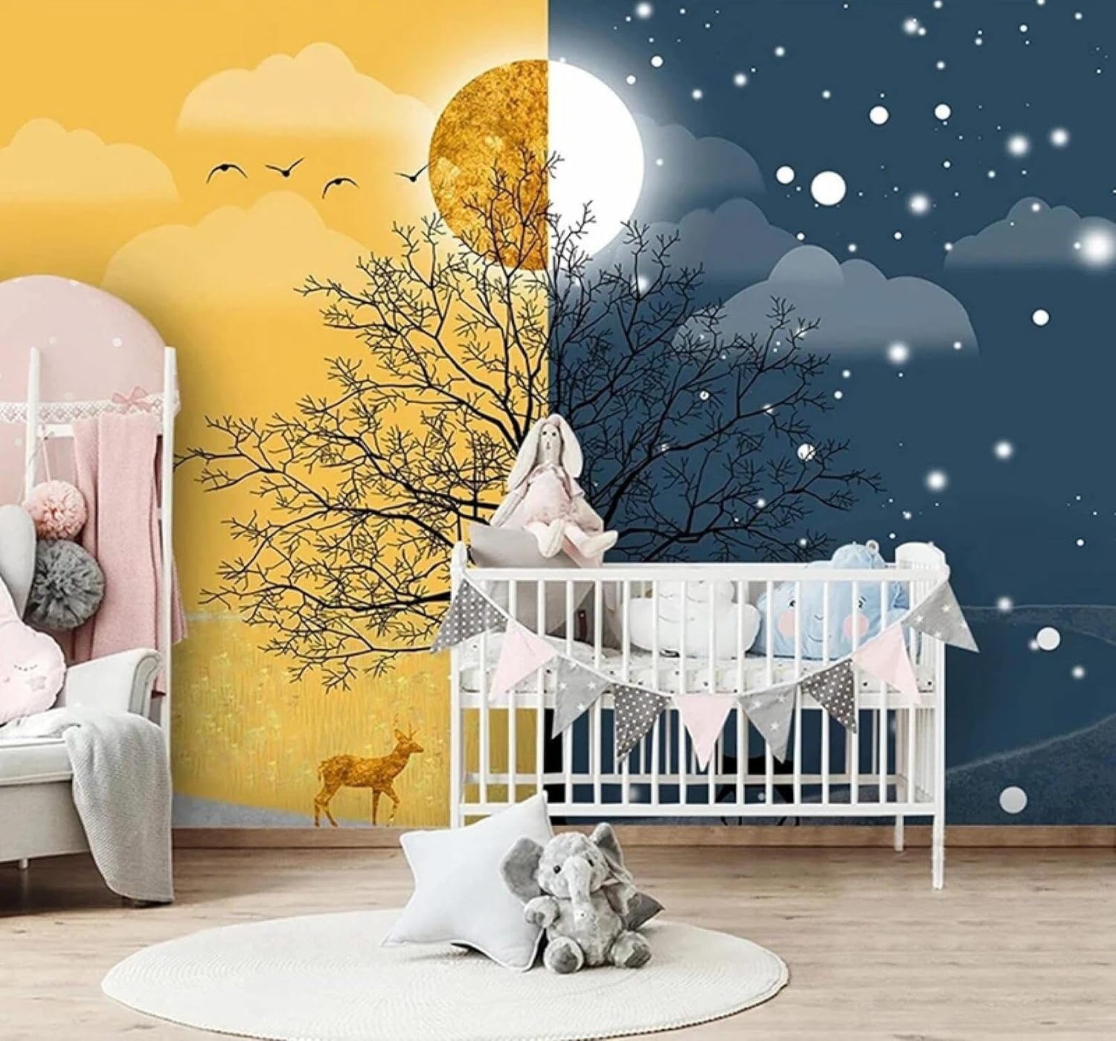 Tzxztt Creative Sun Moon Trees Reindeer Landscape Modern 3D Wallpaper Premium Textured Silk Neutral Tones Material Ideal for Living Room Bedroom-430cm×300cm