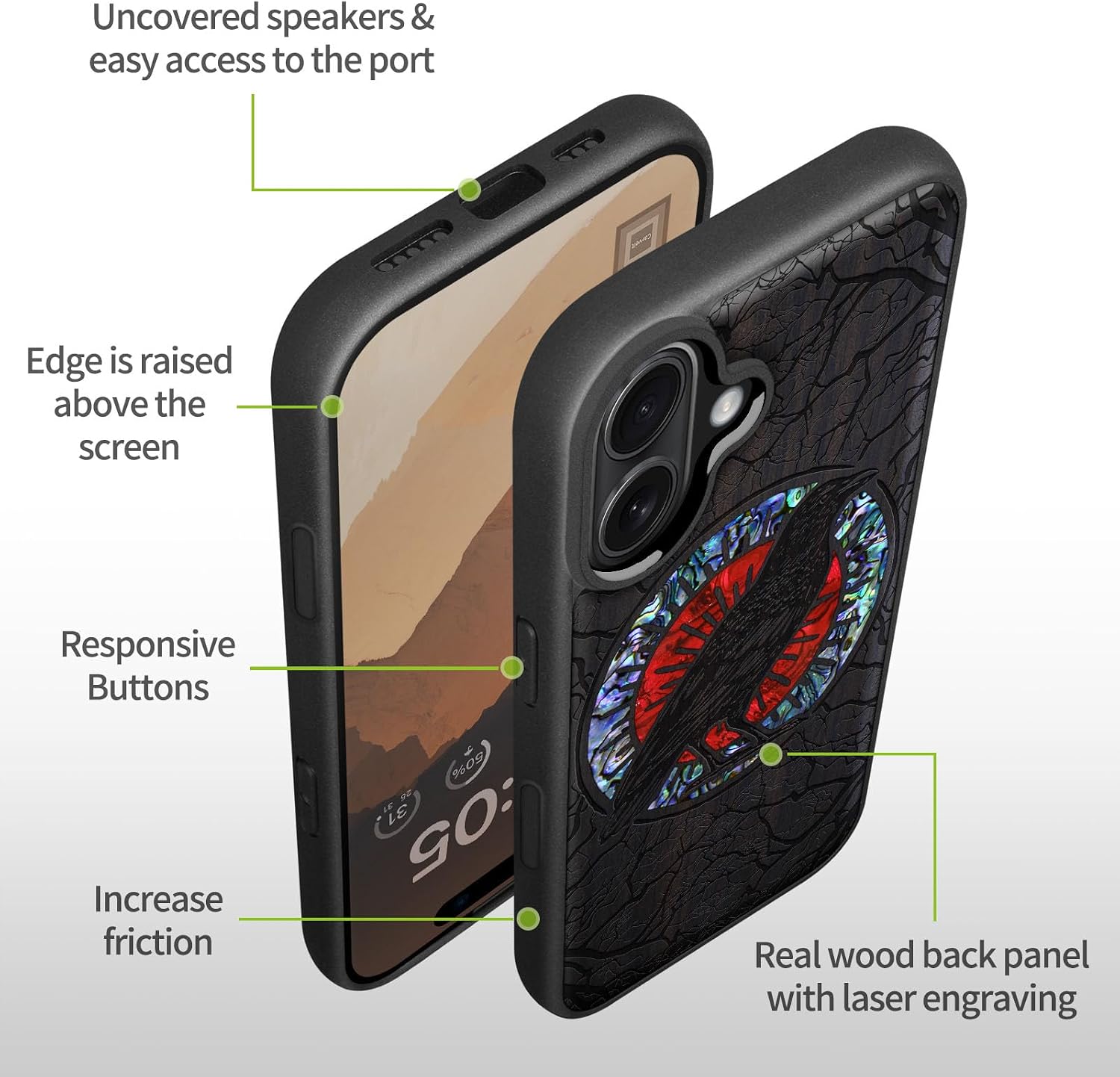 Carveit Magnetic Wooden Case for iPhone 16 Case, Wood Artisan Engraved & Handmade Shell Inlaid, TPU Shockproof Cover, Compatible with MagSafe Wireless Chargers (The Haloed Crow) Blackwood