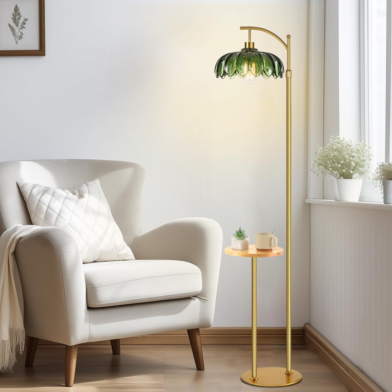 QIYIZM Glass Floor Lamp with Table and Shelves for Living Room Bedroom,Gold Standing Lamp with Remote Dimmable,Boho Brass Tall Lamp Vintage Farmhouse Arc Green Flower Floor Light Bohemian