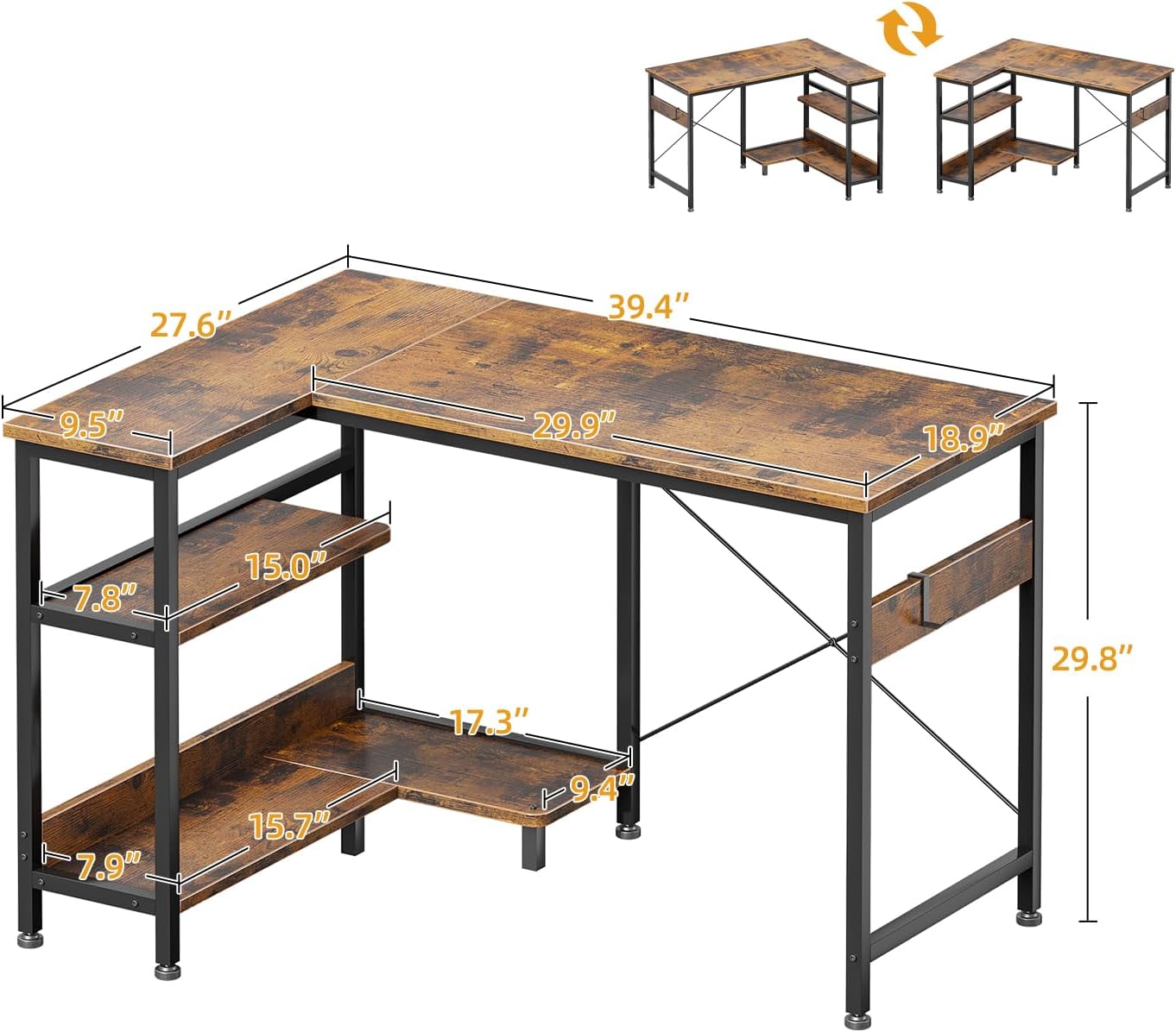 Diagram showing dimensions of the ODK L-shaped desk