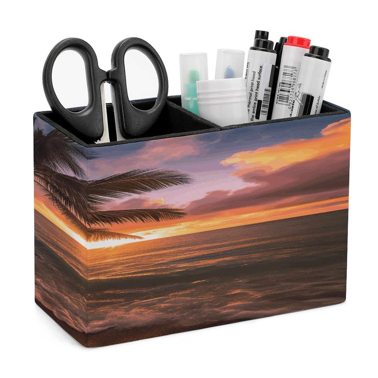 VstaDank Palm Tree Sunset Beach Pen Holder Double Compartments Pen Cup Fashion Makeup Brush Holders Leather Pencil Holder for Work Locker Accessories Modern Pencil Cup for Desk Organizer