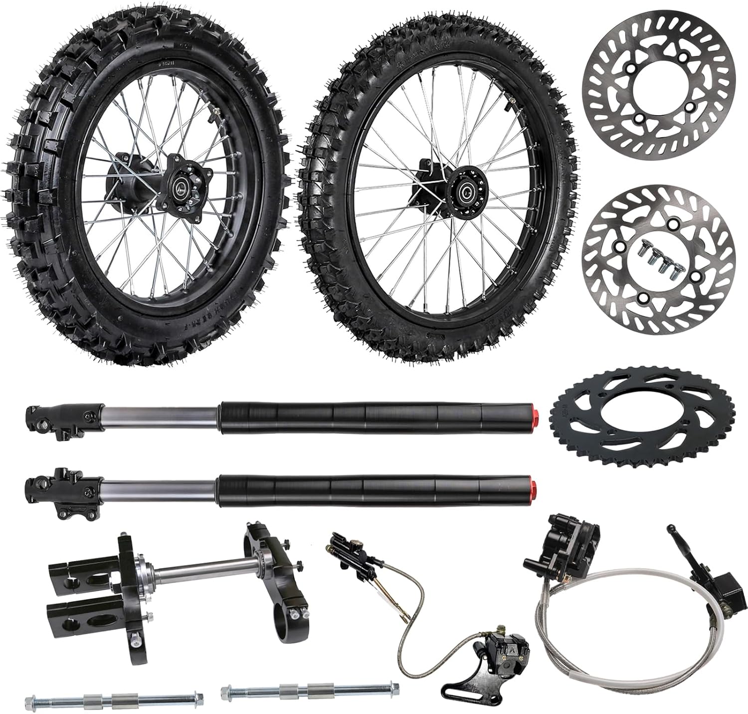 17" 14" Pit Dirt Bike Wheels Complete Kit 90/100-14 70/100-17 Tire with 28" Front Forks, Triple Tree, Disc Brake Rotor & Caliper Cylinder for Offroad Motorcycle Scooter Trial Bike 110cc 125cc 150cc