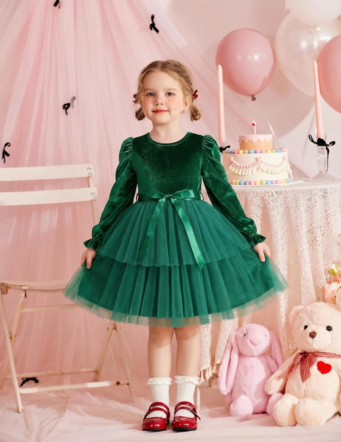 Arshiner Girls Velvet Tutu Dress Toddler Puff Long Sleeve Tiered Tulle Fall Winter Party Dresses with Ribbon - Image 2