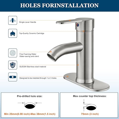 Miniatura 3 de Grifo de fregadero de barra de baño de acero inoxidable 304 de níquel cepillado, lavabo de una sola manija con línea de suministro, mezclador de