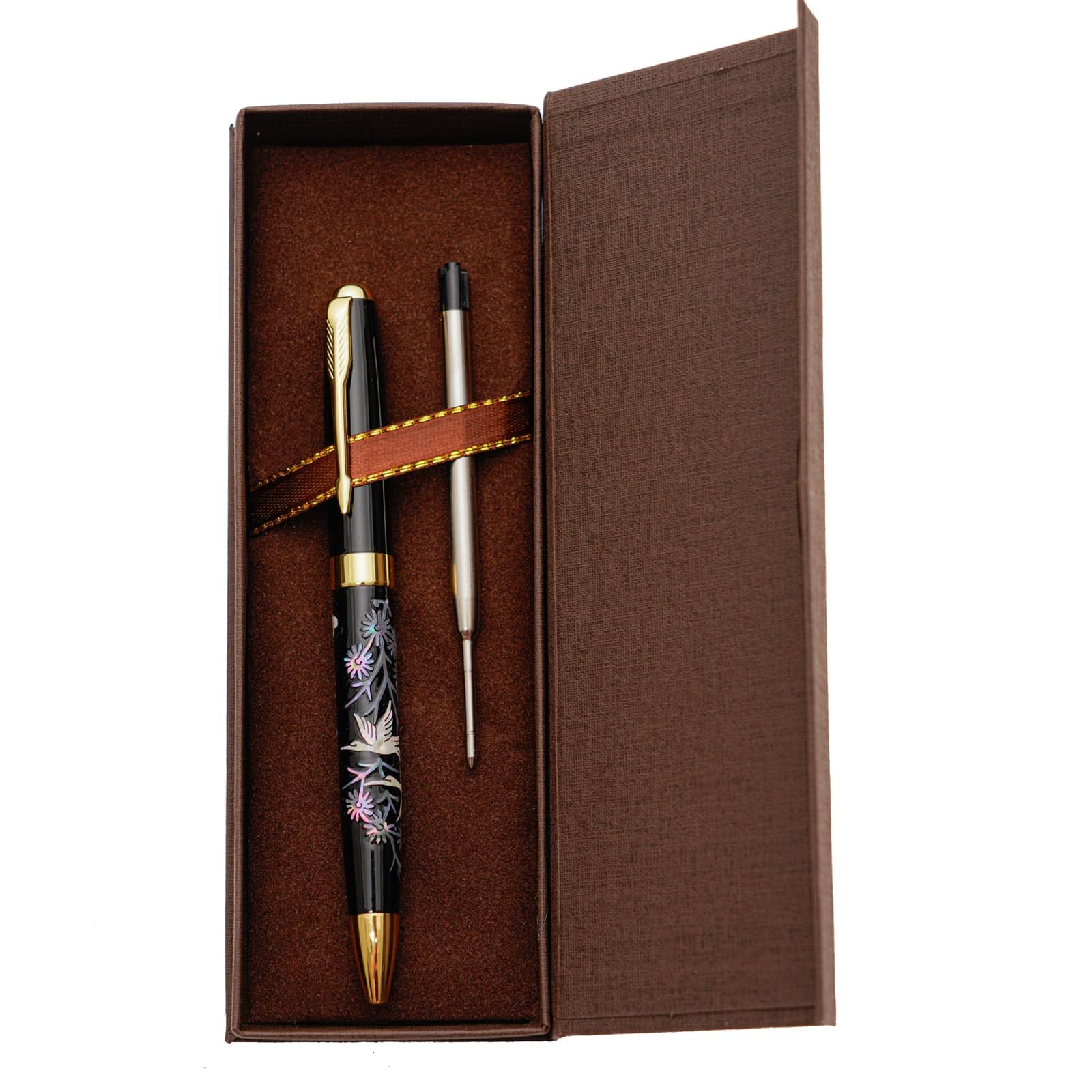 February Mountain Mother of Pearl Ballpoint Pen, Retractable Ballpoint Pens, for Gift, Business, Office, 1.0mm Medium Point Black Ink, Extras Replaceable Metal Refills (Crane) — image 1