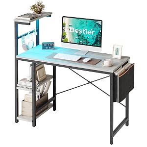Bestier Computer Desk with 4 Tiers Shelves Gaming Desk with LED Lights 44 Inch Office Desk with Storage