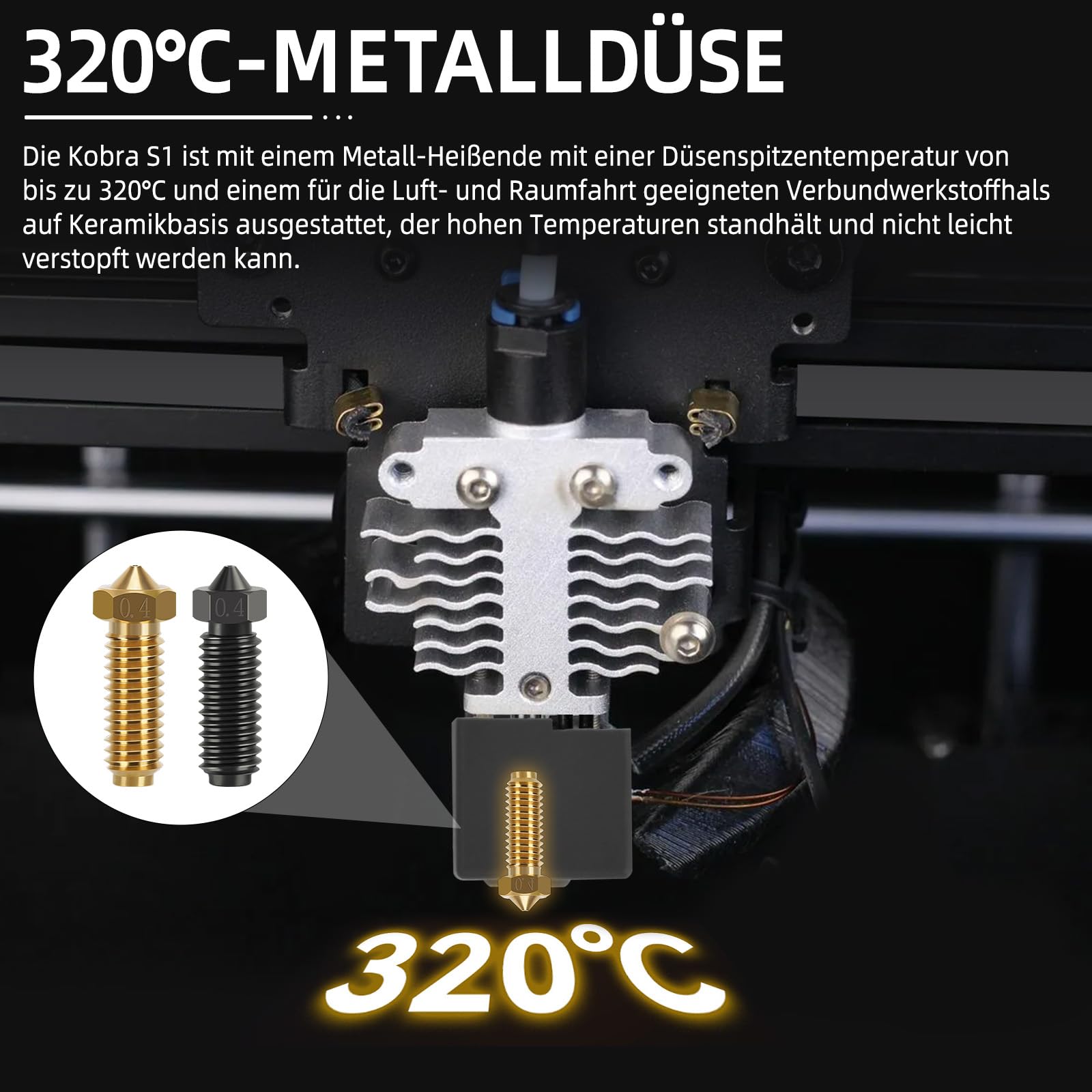 Kobra S1/S1 Combo drukarka 3D Hotend wysoka temperatura Heatbreak – dysza mosiężna 0,4 mm zainstalowana + 2 dodatkowe dysze (mosiądz + hartowana stal), Anycubic Kobra S1 Hotend Kit, Quick Swap wysoka