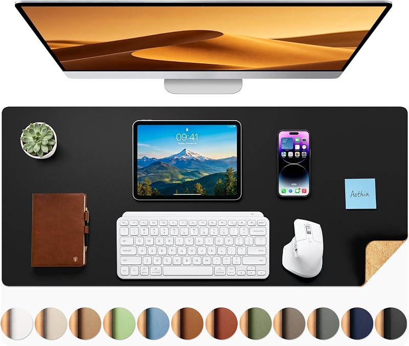 Aothia Dual-Sided Desk Pad - 35.4 x 15.7 inches Leather Desk Mat, Natural Cork Desk Pad Protector, Large Mouse Pad for Desk, Waterproof Desk Blotter Pad, Desk Writing Pad for Office Work/Home, Black