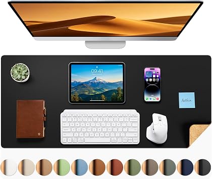 Aothia Dual-Sided Desk Pad - 35.4 x 15.7 inches Leather Desk Mat, Natural Cork Desk Pad Protector, Large Mouse Pad for Desk, Waterproof Desk Blotter Pad, Desk Writing Pad for Office Work/Home, Black