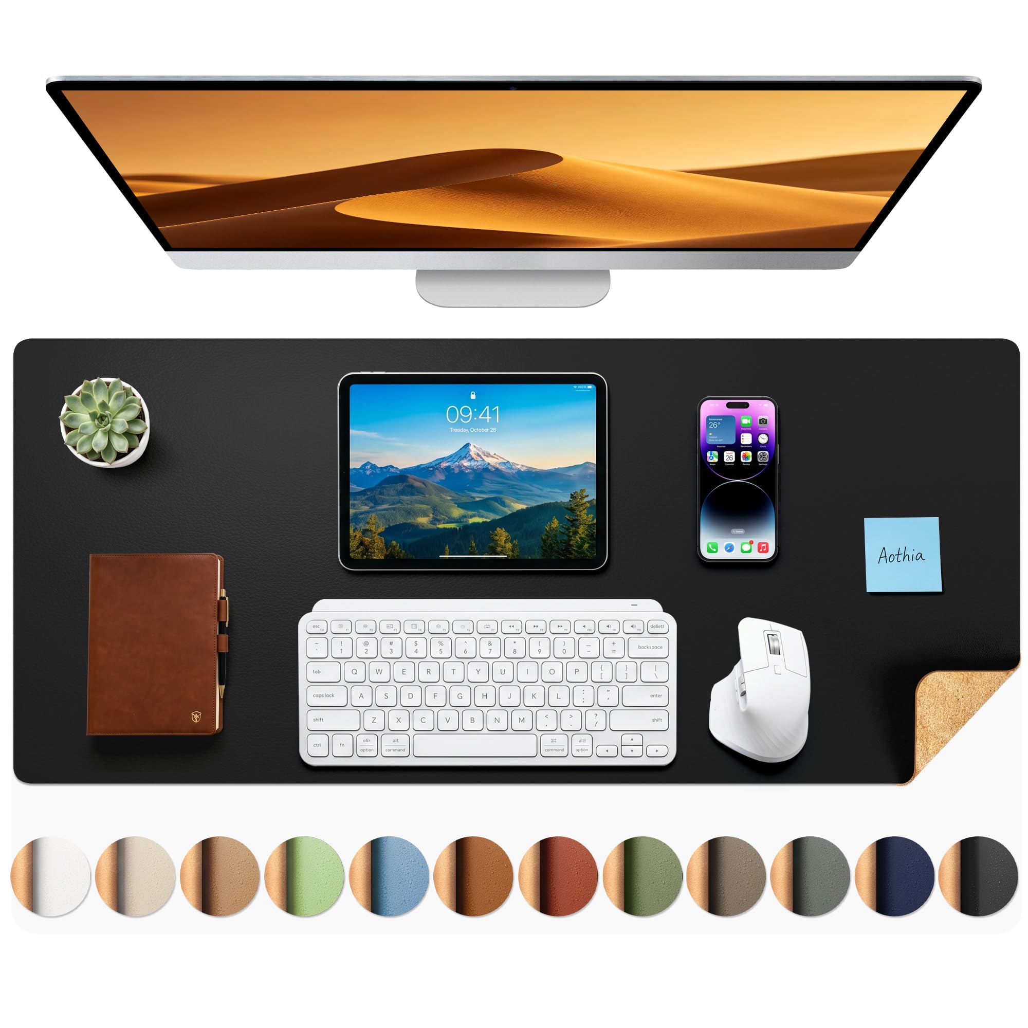 Aothia Dual-Sided Desk Pad - 35.4 x 15.7 inches Leather Desk Mat, Natural Cork Desk Pad Protector, Large Mouse Pad for Desk, Waterproof Desk Blotter Pad, Desk Writing Pad for Office Work/Home, Black 35.4" x 15.7" Deep Black+cork