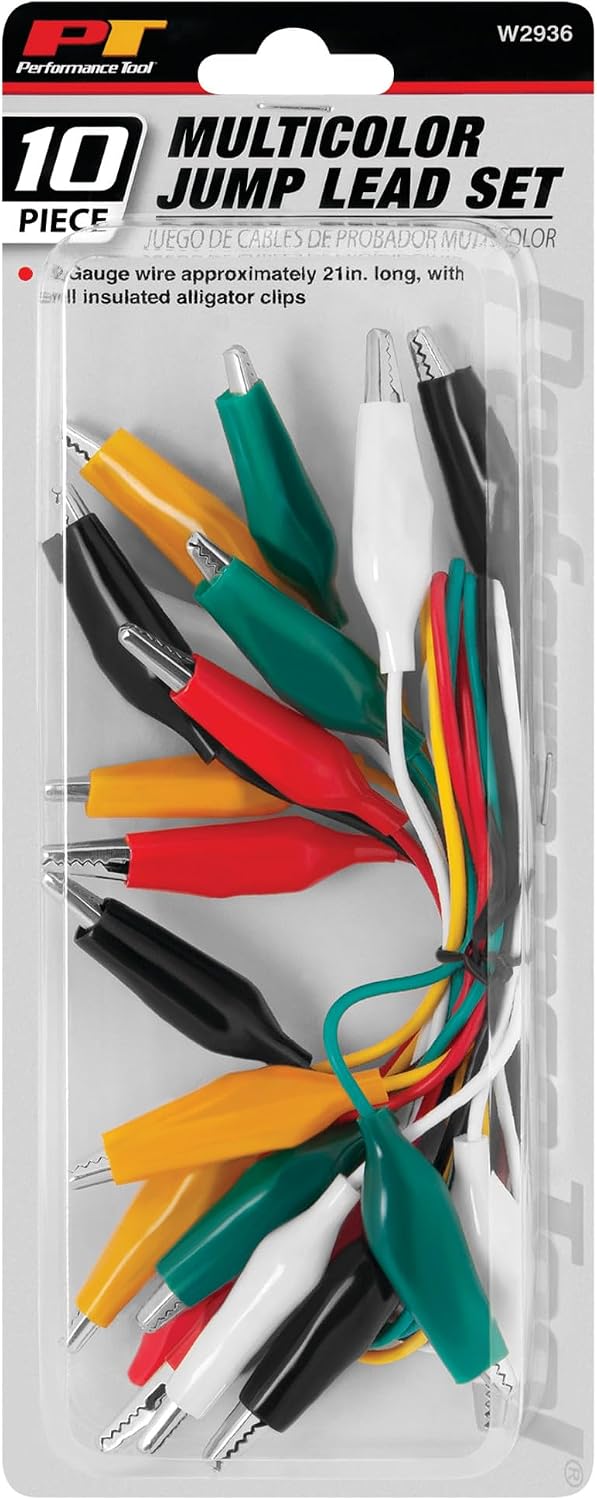 Performance Tool W2936 10pc Color Coded Alligator Clip Leads for Low Voltage Circuits - Double Ended Insulated Clips in Multicolors