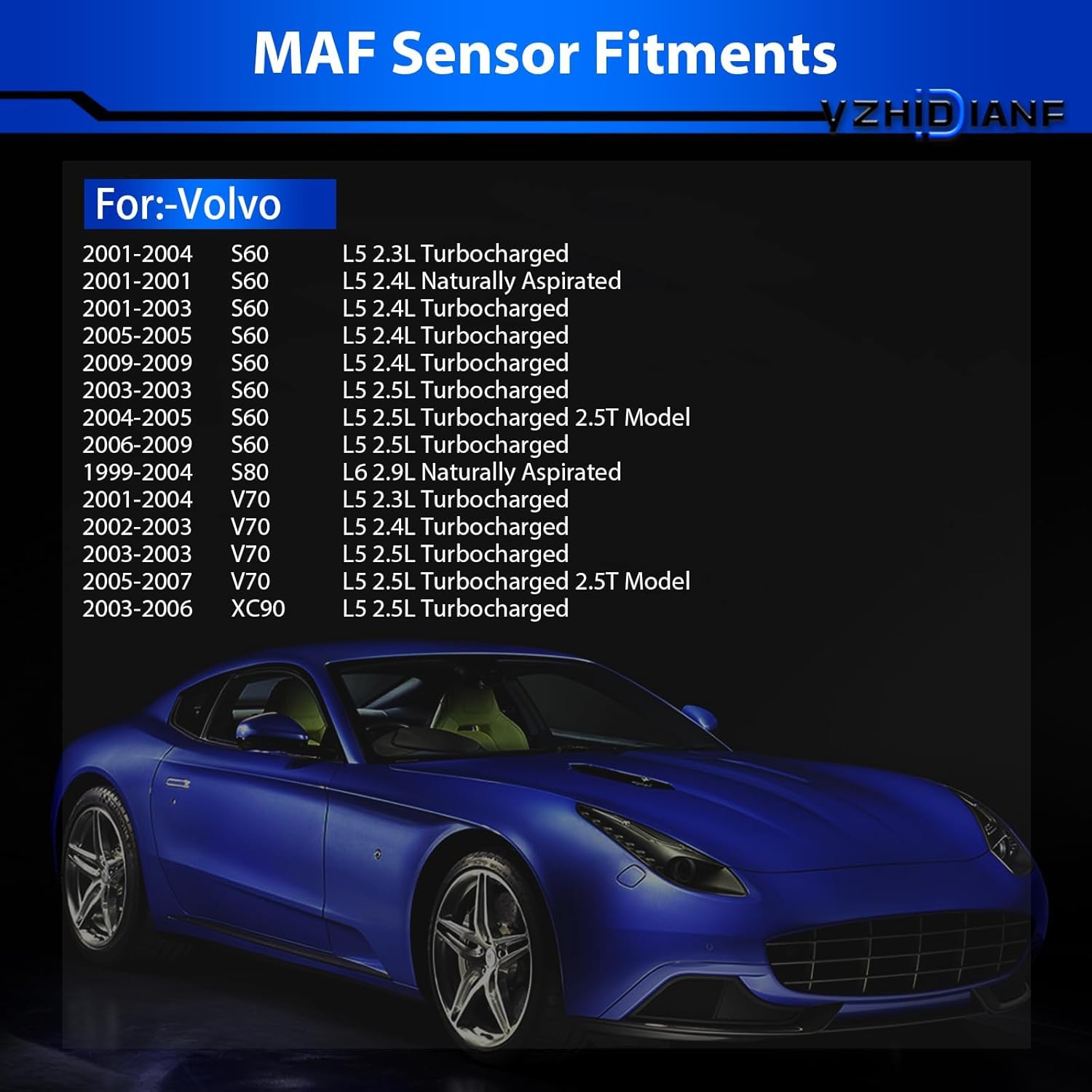 YZHIDIAN Mass Airflow Sensor MAS0393 Fits For:-Volvo S60 S80 V70 XC90 L5 2.3L 2.4L 2.5L 2.9L 2001 2002 2003 2004 2005 2006 2007 2008 2009 OE# 0280218088, 31342362, 8670115, PFA10048, 31342414, 8627296