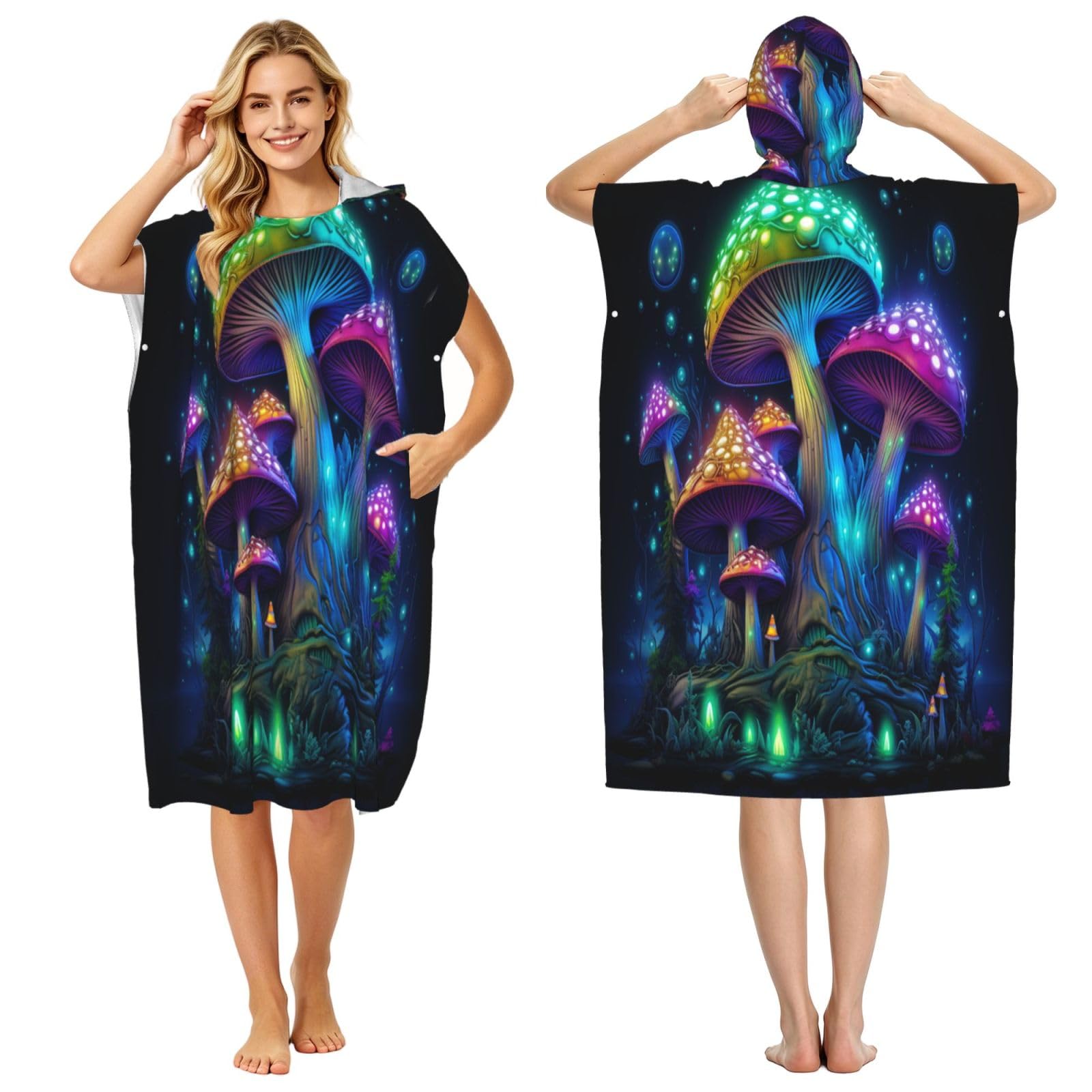 Beautifully Glowing Mushrooms Adult Hooded Beach Poncho Towel 43"X35"
