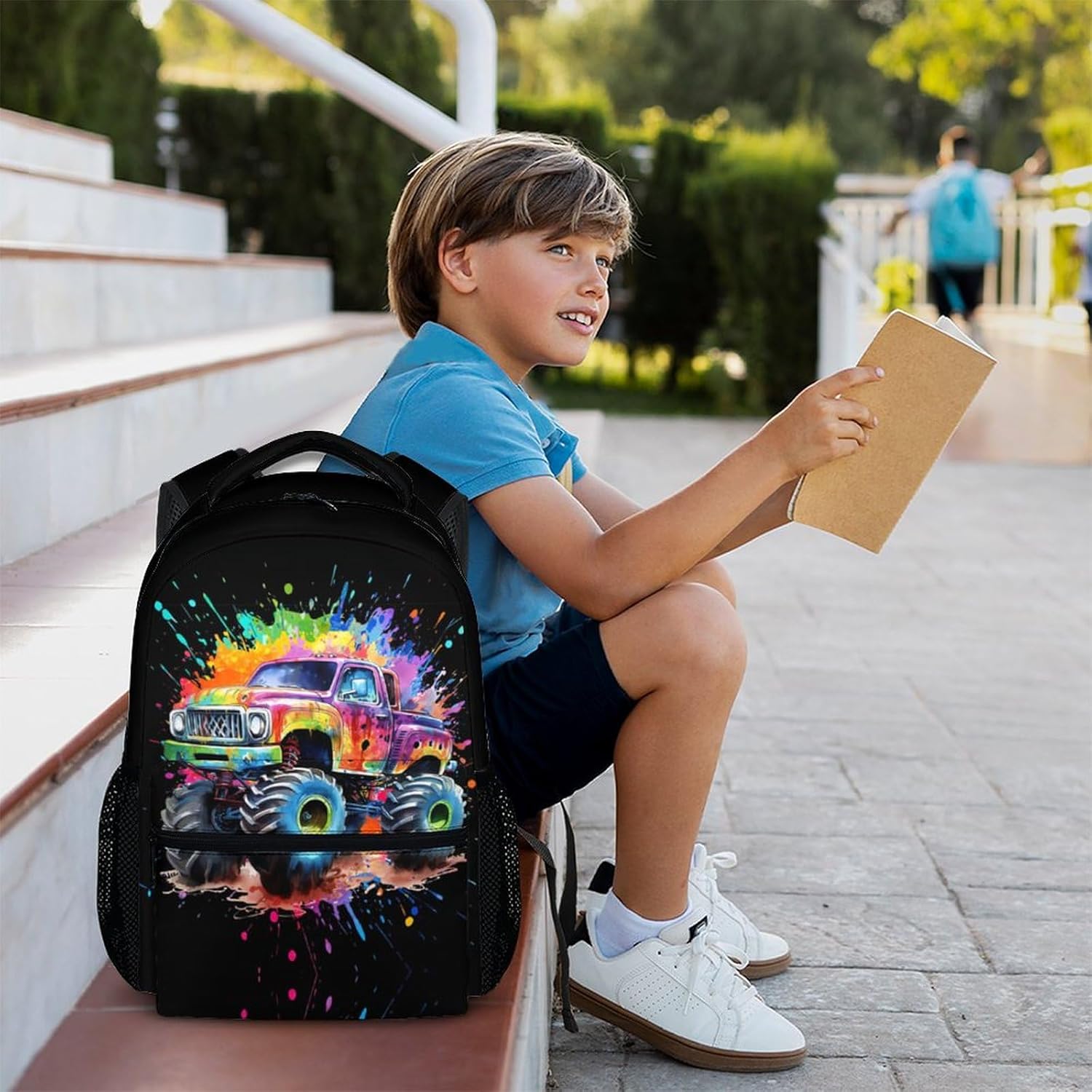 School Backpack for Boys Girls - Cute Truck Backpacks for Kids - 17" Large Capacity Black Lightweight Bookbag for Children, Cool School Supplies for Preschool Elementary