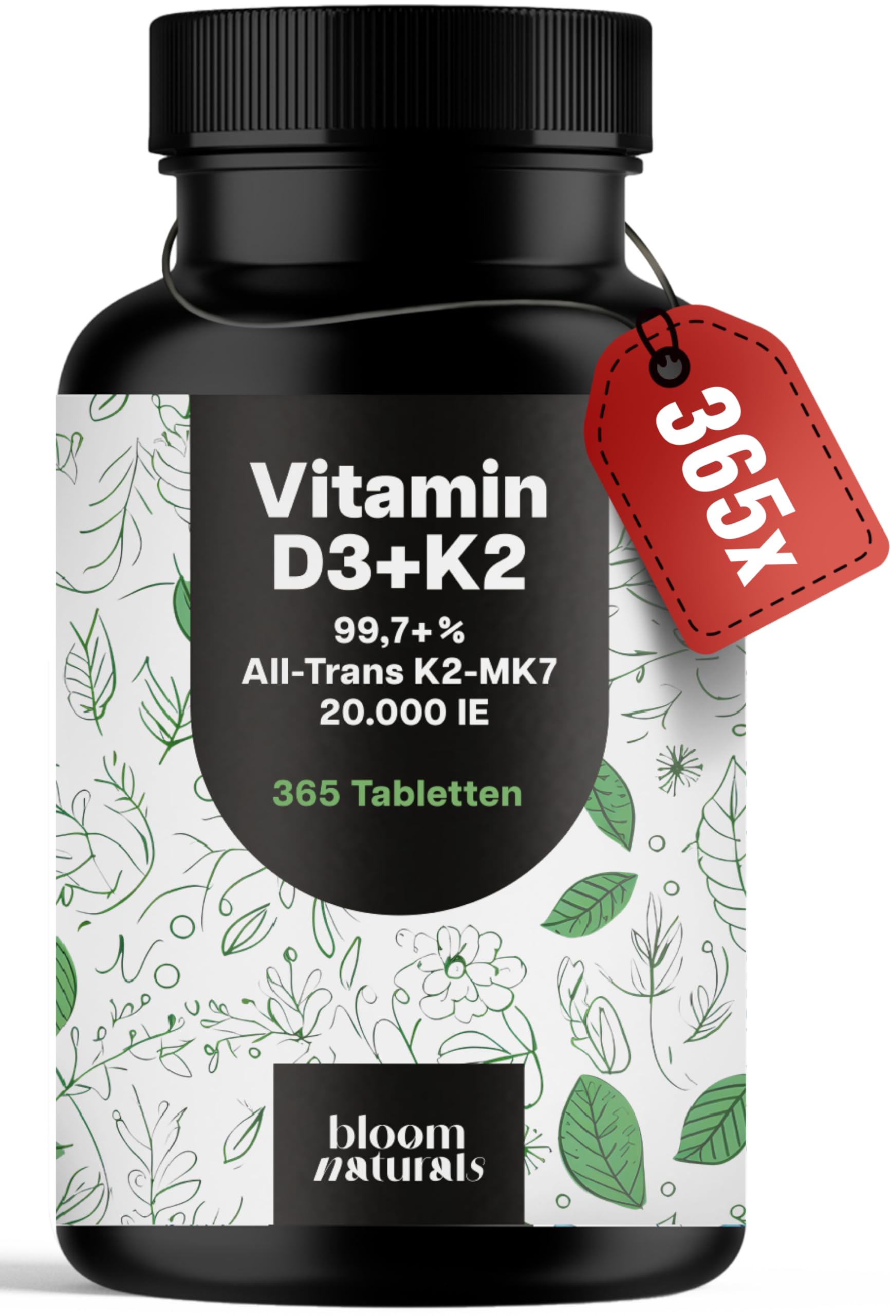 Vitamin D3 K2 hochdosiert – 365 Tabletten mit 20000 IE – 99,7+% All-Trans K2-MK7 - Vitamin D - produziert in Deutschland XXL Family Packung - Verpackung kann variieren
