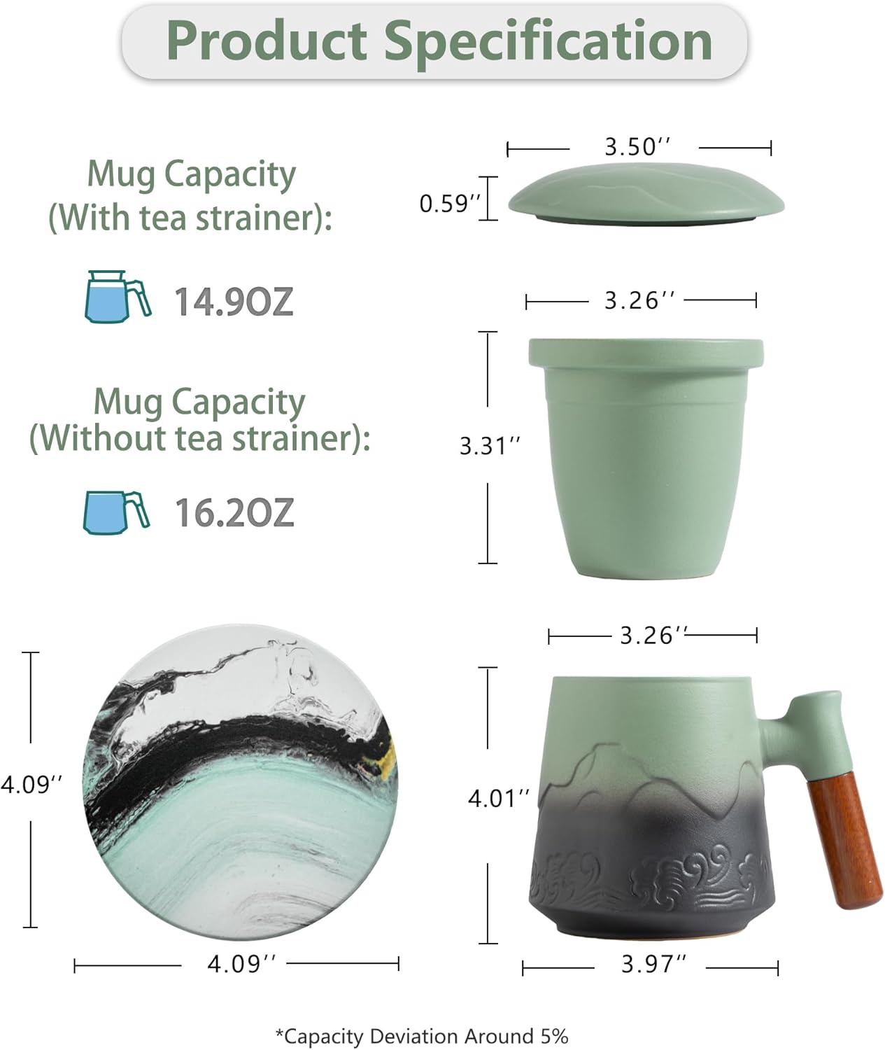 ZENS Tea Mug with Infuser and Lid for Loose Leaf Tea Steeper, 15.2oz Ceramic Tea Cup with Fine Tea Strainers and Absorb Coaster, Wood Handle Large Diffusers Mugs Tea Lovers Gifts - Image 4