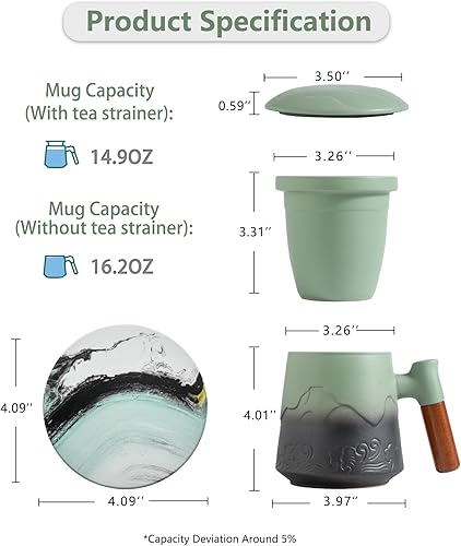 Miniatura 4 de ZENS Taza de té con infusor y tapa para té de hojas sueltas, taza de té de cerámica de 15.2 onzas con coladores de té finos y posavasos de
