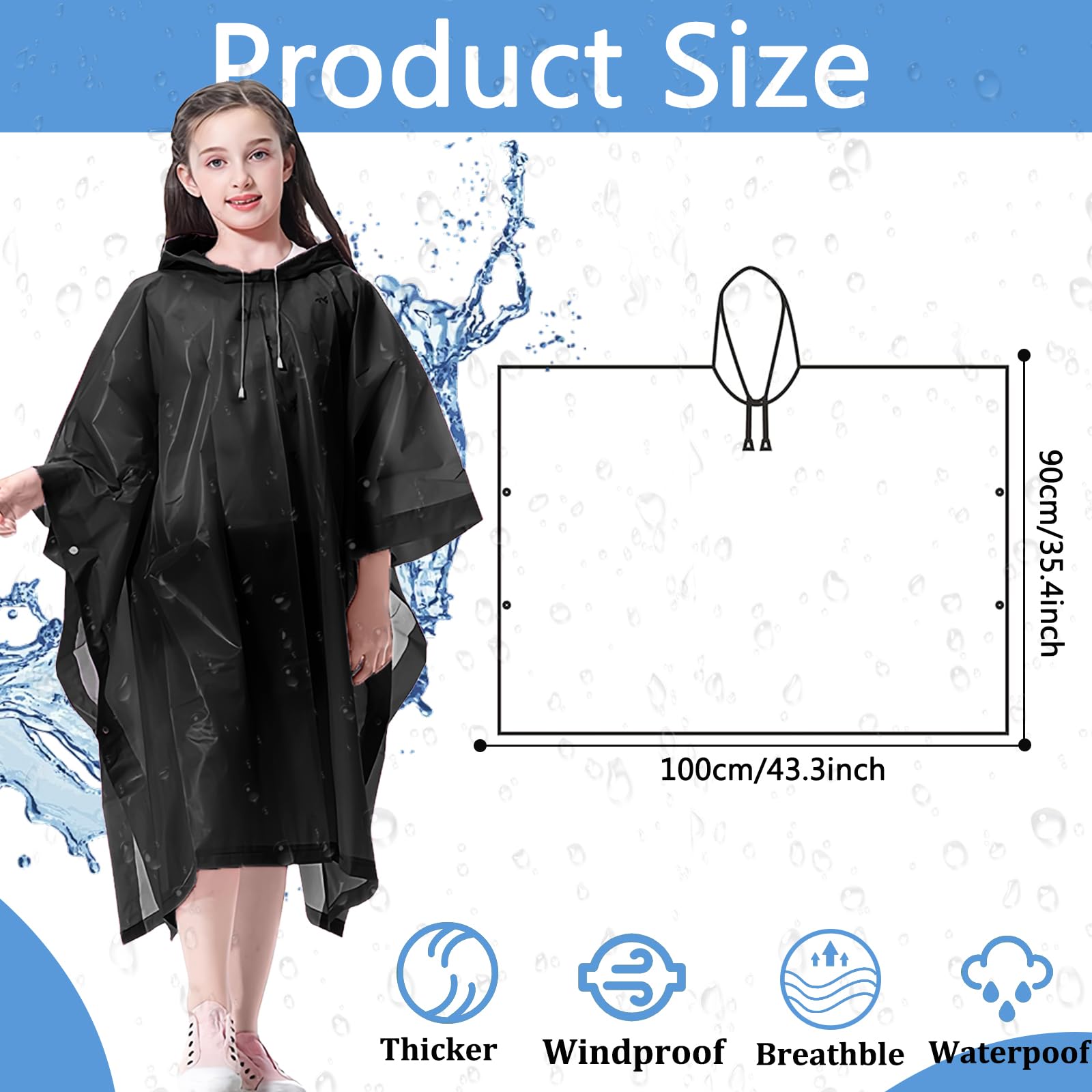 2 poncho de lluvia para niños, impermeable, reutilizable, chubasquero para niños, transpirable, con capucha