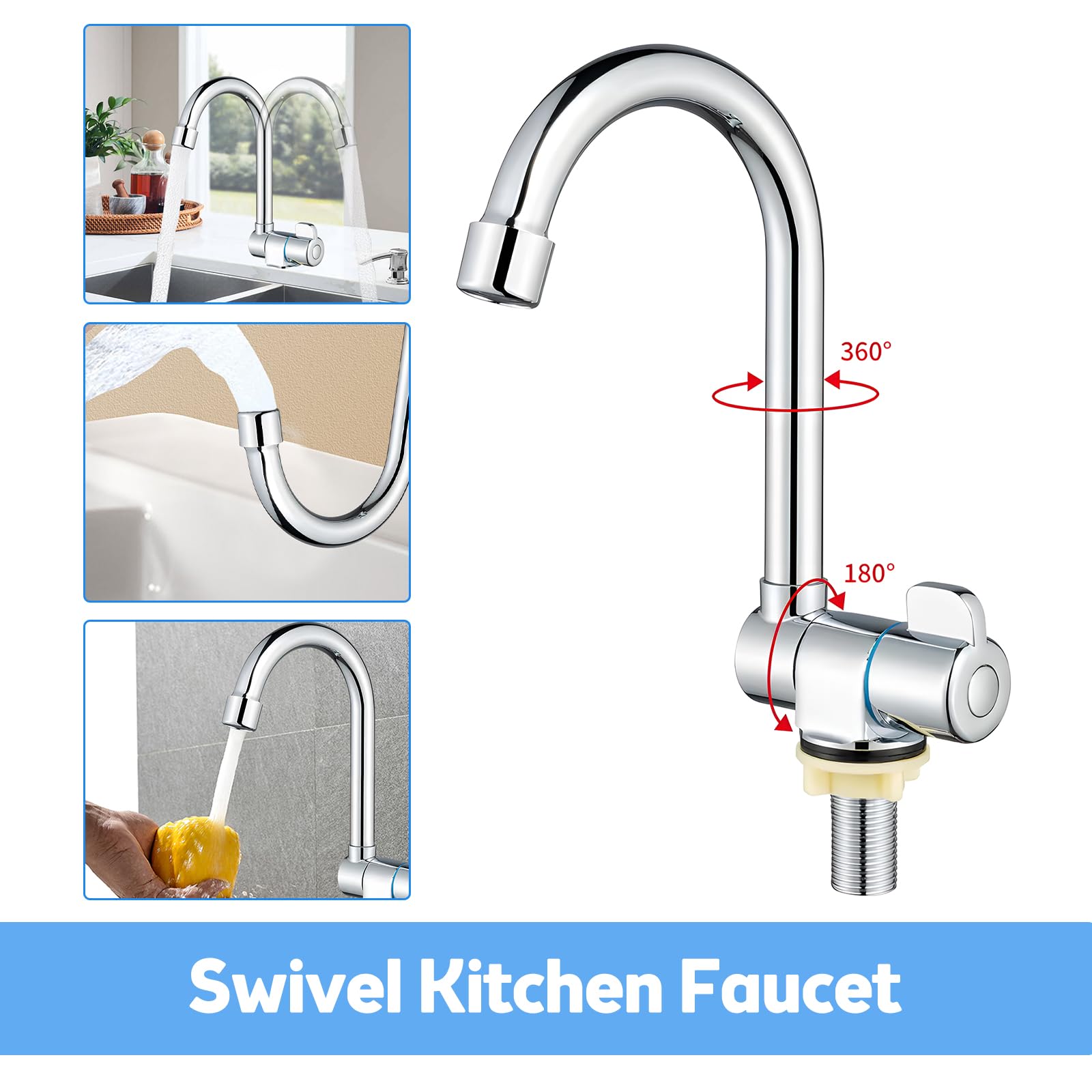 Grifo giratorio de 360° de latón cromado para fregadero de cocina, grifo monomando de agua fría con rosca G1/2 para autocaravanas/yates/lavabos, duradero y elegante
