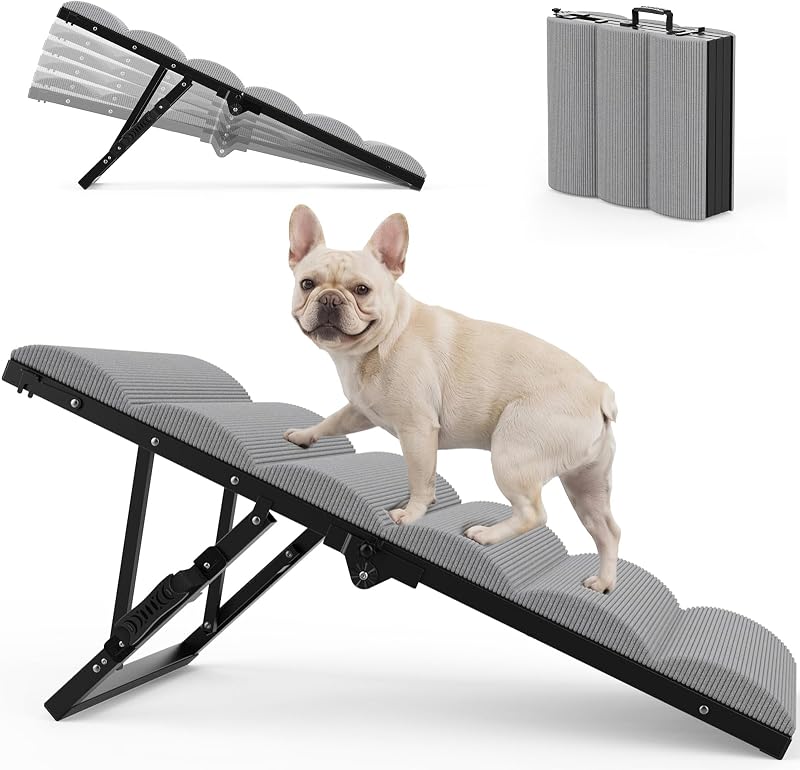 Dog Ramp for Bed, 6 Adjustable Height from 14.8'' to 20" | No Assembly | Foldable Pet Ramp, Metal Frame Dog Ramp for Couch Sofa, Stable Dog Steps with Non-Slip Pad, Stairs for Dogs to Get on Bed