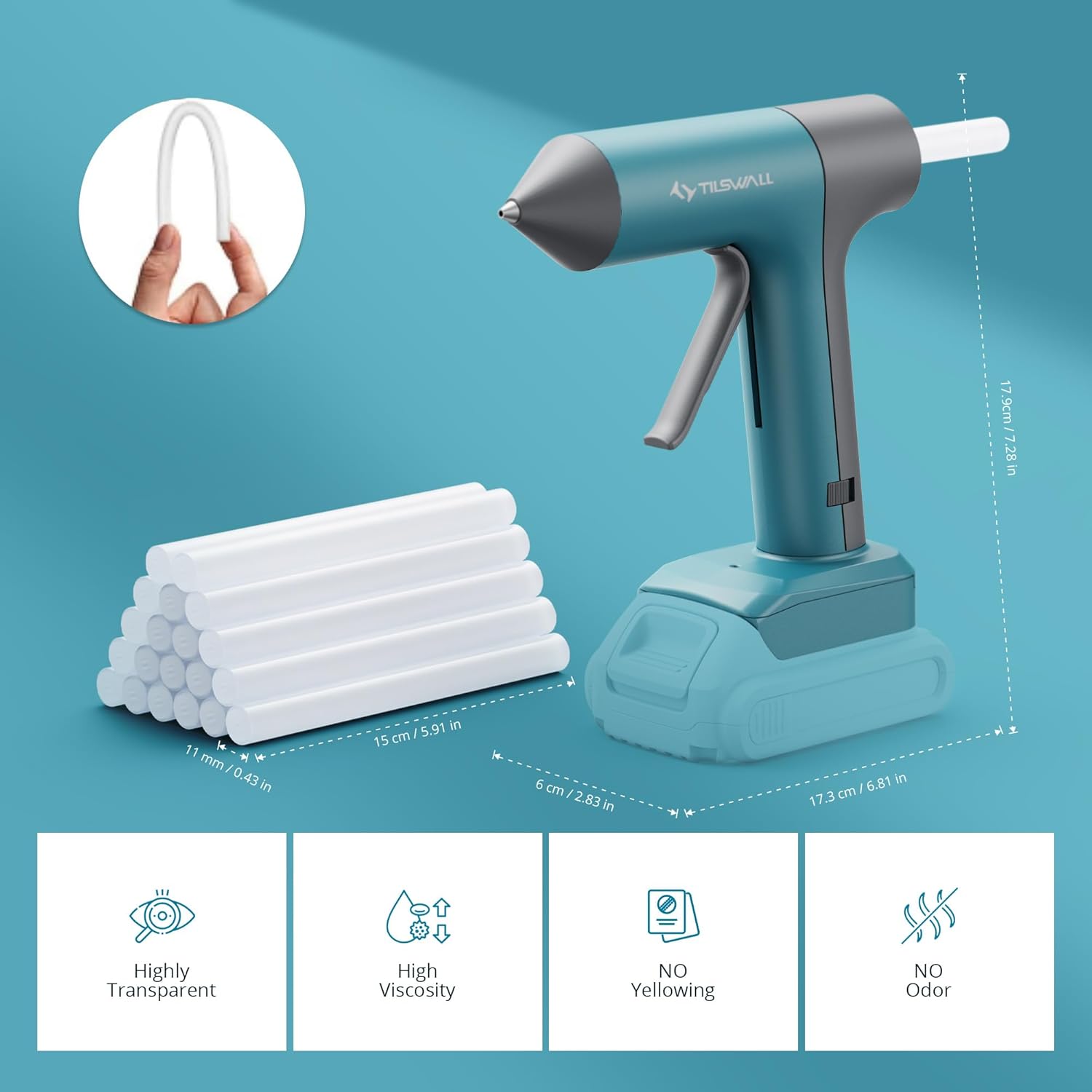 Tilswall 100W Cordless Hot Glue GunCompatible with Dewalt 18V/20V Battery(Battery Not Included), Full Size Glue Gun 90s Fast Preheating with 10PCS 0.43'' Glue Sticks for DIY Crafting and Home Repair