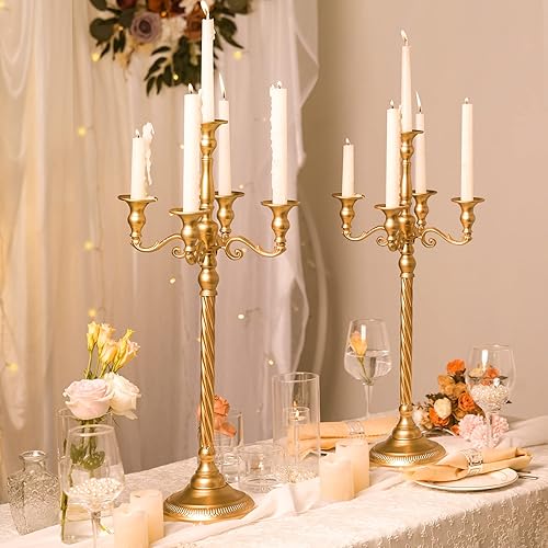 Miniatura 2 de Centro de mesa de candelabro dorado de 5 brazos para mesa, soporte de vela de metal de 24.8 pulgadas, 2 centros de mesa retro para fiestas, eventos,