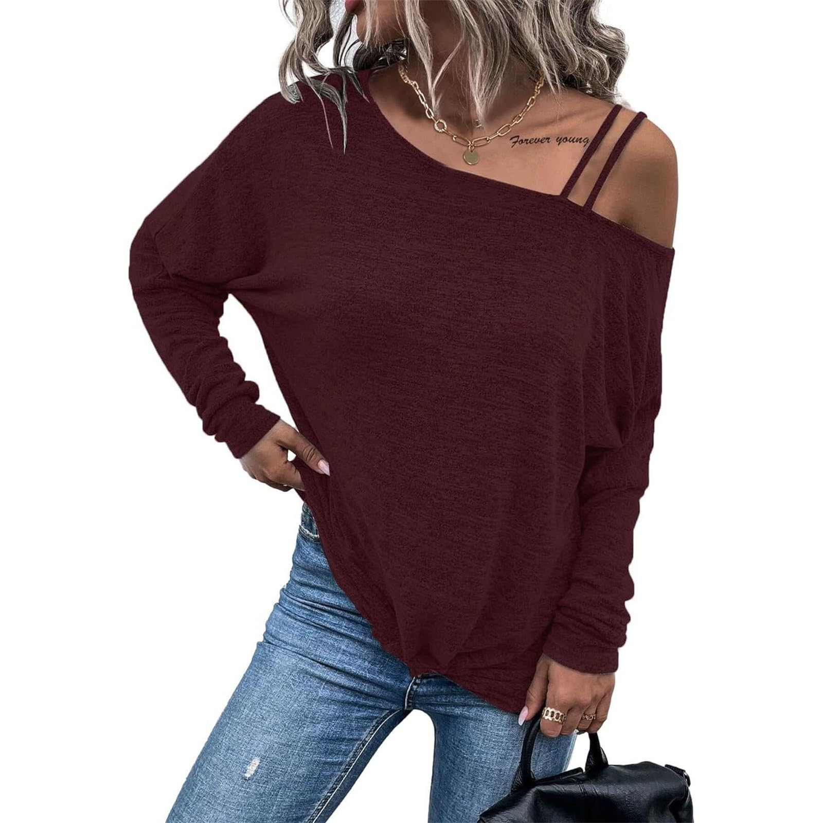 Générique Haut Tricot Chiné Manches Longues Féminin, Épaules Nues Asymétriques À Double Bretelle, Coupe Relax Tunique Épaules Dénudées pour Port Quotidien Printemps Automne