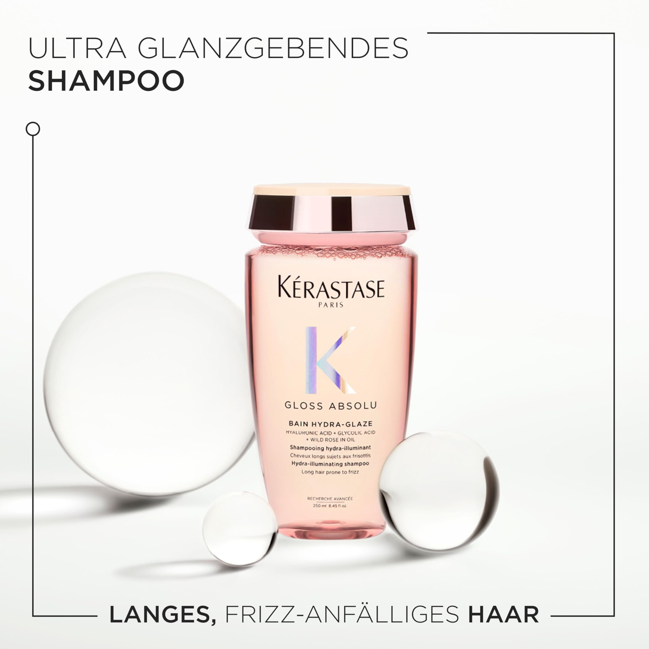 Kérastase Gloss Absolu Bain Hydra-Glaze, Shampoo für langes, zu Frizz neigendes Haar, Mit Hyaluronsäure, Glykolsäure und Wildrosenöl, Für intensiven Glanz & Volumen