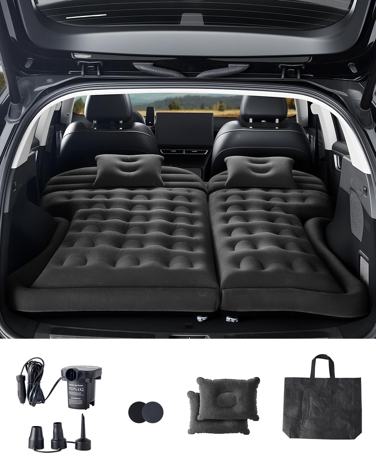 VEVOR Colchón Inflable de Camping para Coche, Grueso y Aterciopelado, Duradero con Bomba de Aire, 2 Almohadas, Boquilla y Bolsa de Transporte, para SUV, MPV y Sedán, Negro, 1750 x 1330 x 150 mm