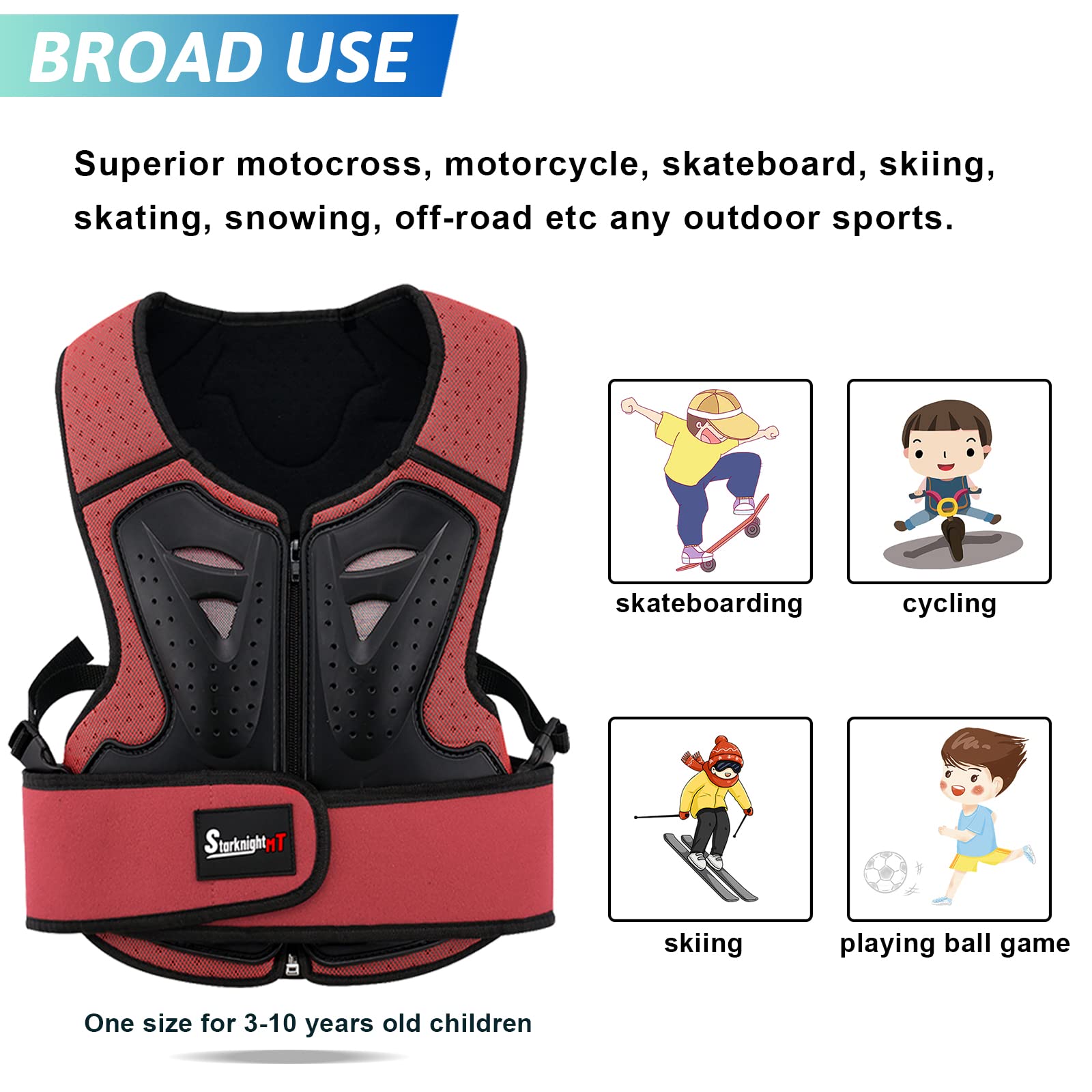 StarknightMT Protezione toracica per moto da bambino, per motocross, ciclismo, skateboard, sci, pattinaggio, fuoristrada (rosso)
