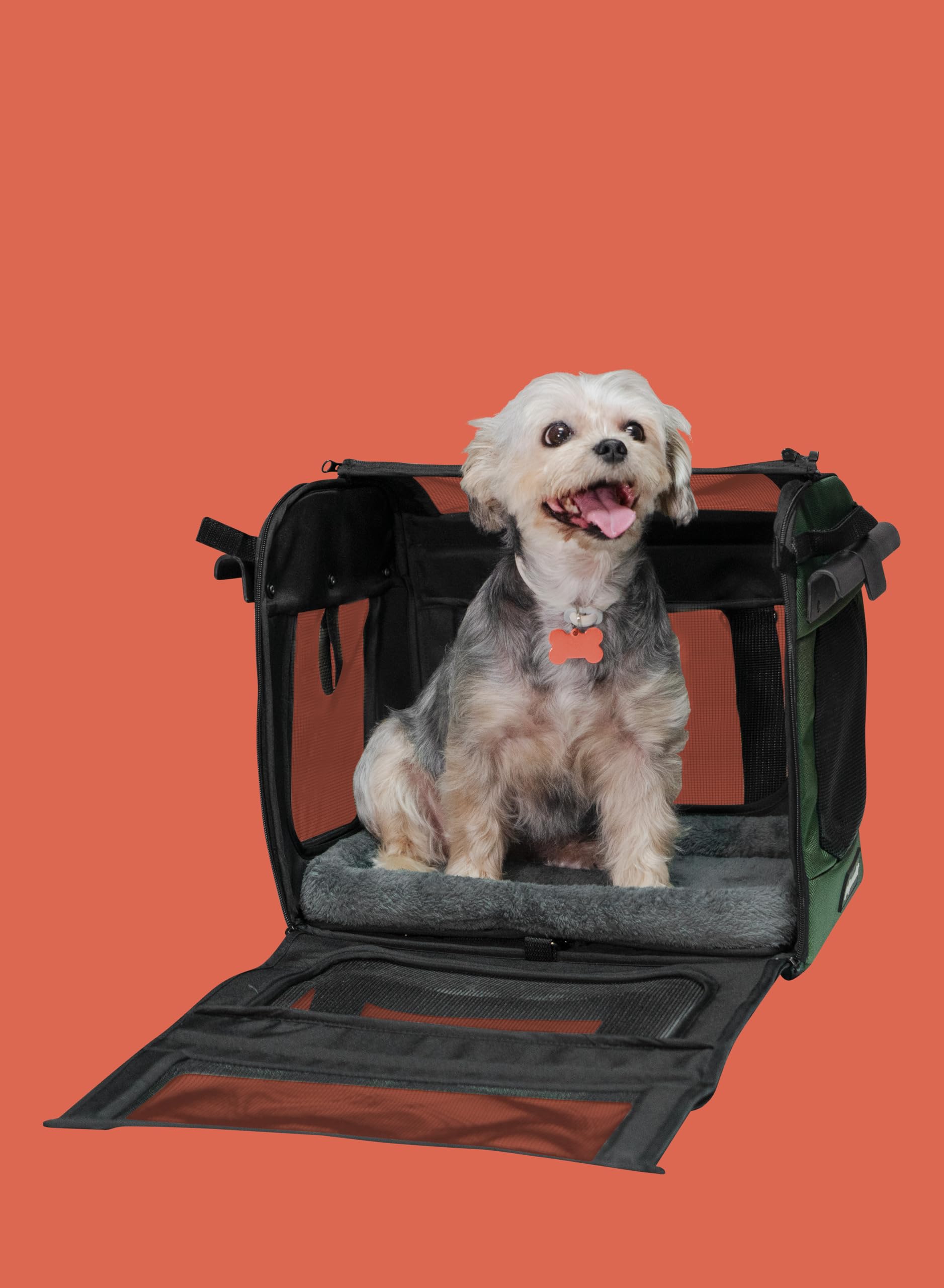 PLAYMARKET Easy go PETS Carrito para Perros 2 en 1, Bolsa de Transporte Plegable con Ventanas de Malla y Aperturas de Ventilación, Hasta 30 kg (mascota max. 6 Kg) - Color Olive (Oliva)