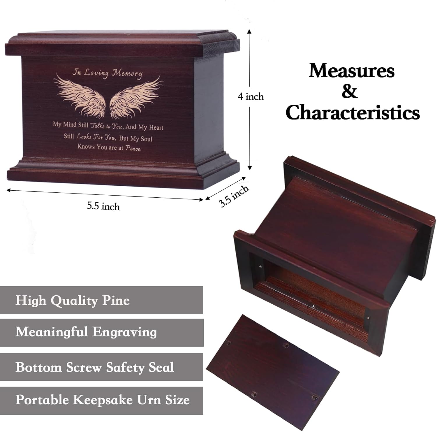 6 Inch Small Wooden Urn for Human Ashes - Keepsake Urn for Men & Women, Funeral Ashes Holder, Wooden Urn Box and Casket with Wing Design - Image 5