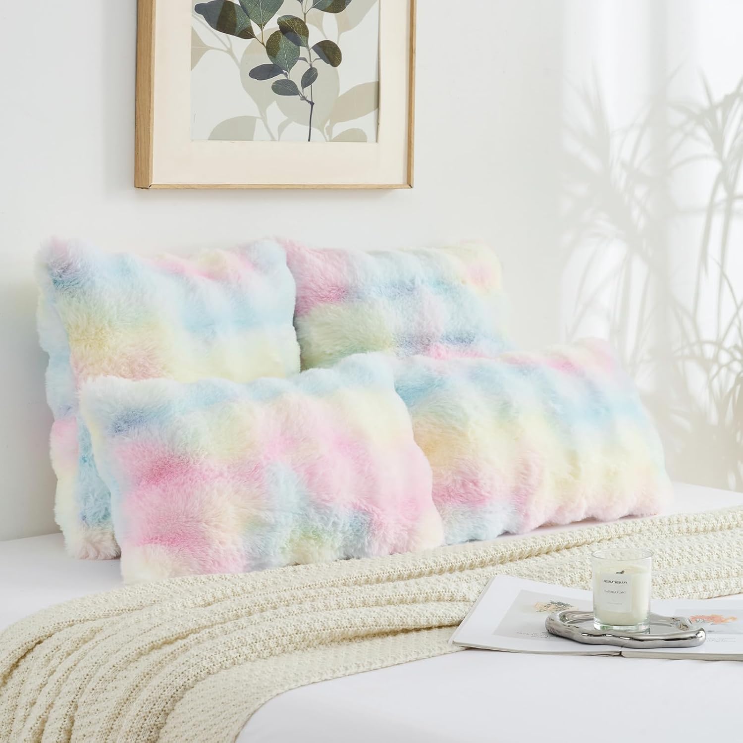 FUTEI Rainbow Decorative Throw Pillow Covers 18x18 Inch Set of 2,Soft Fuzzy Faux Rabbit Fur Cushion Covers with Raised Texture,Neutral Boho Home Decor for Couch Bed Living Room - Image 6