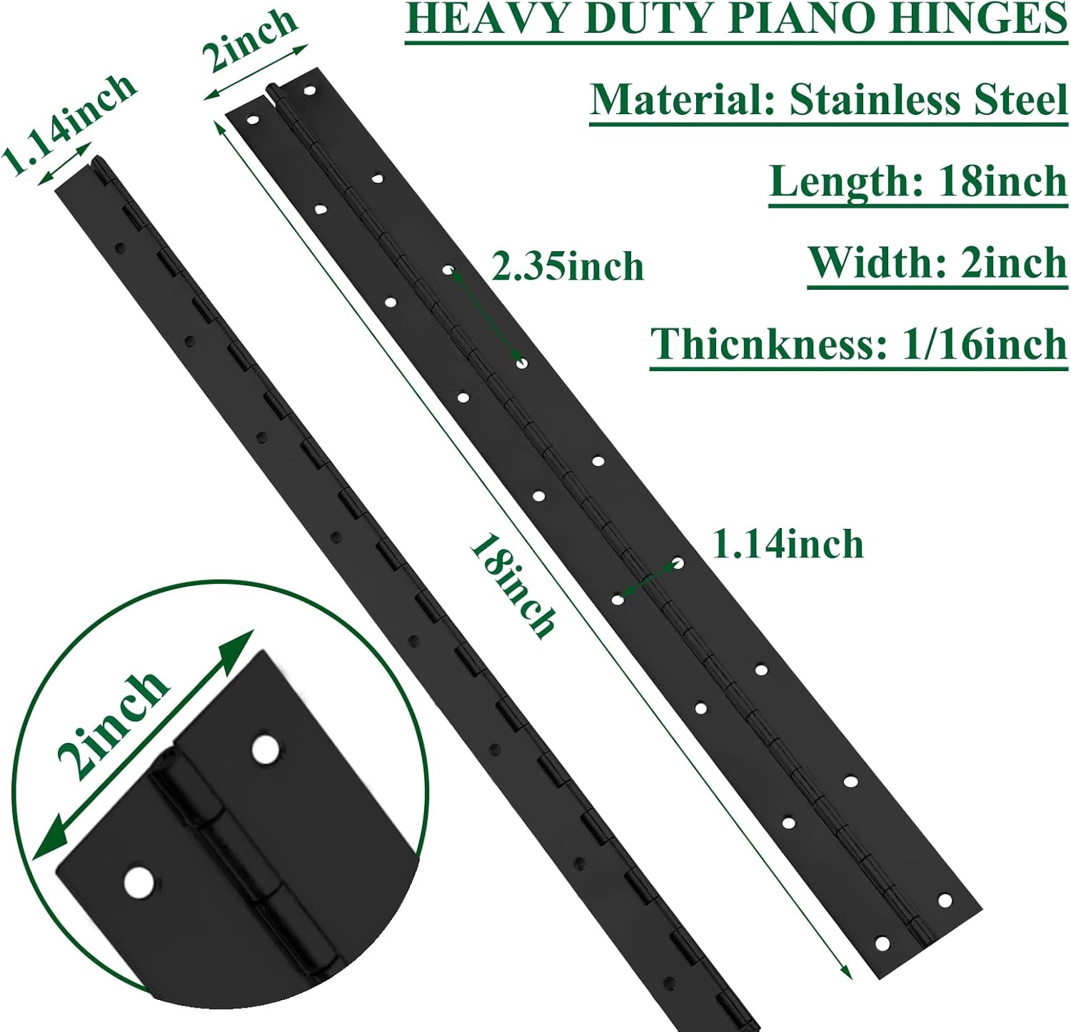 2Pack Heavy Duty Piano Hinge, 2" Open Width x 18" Continuous & Piano Hinges, 0.06” Thick Stainless Steel Piano Hinge with Holes, Black Stainless Furniture Hinges for Cabinet Door Cases Woodworking