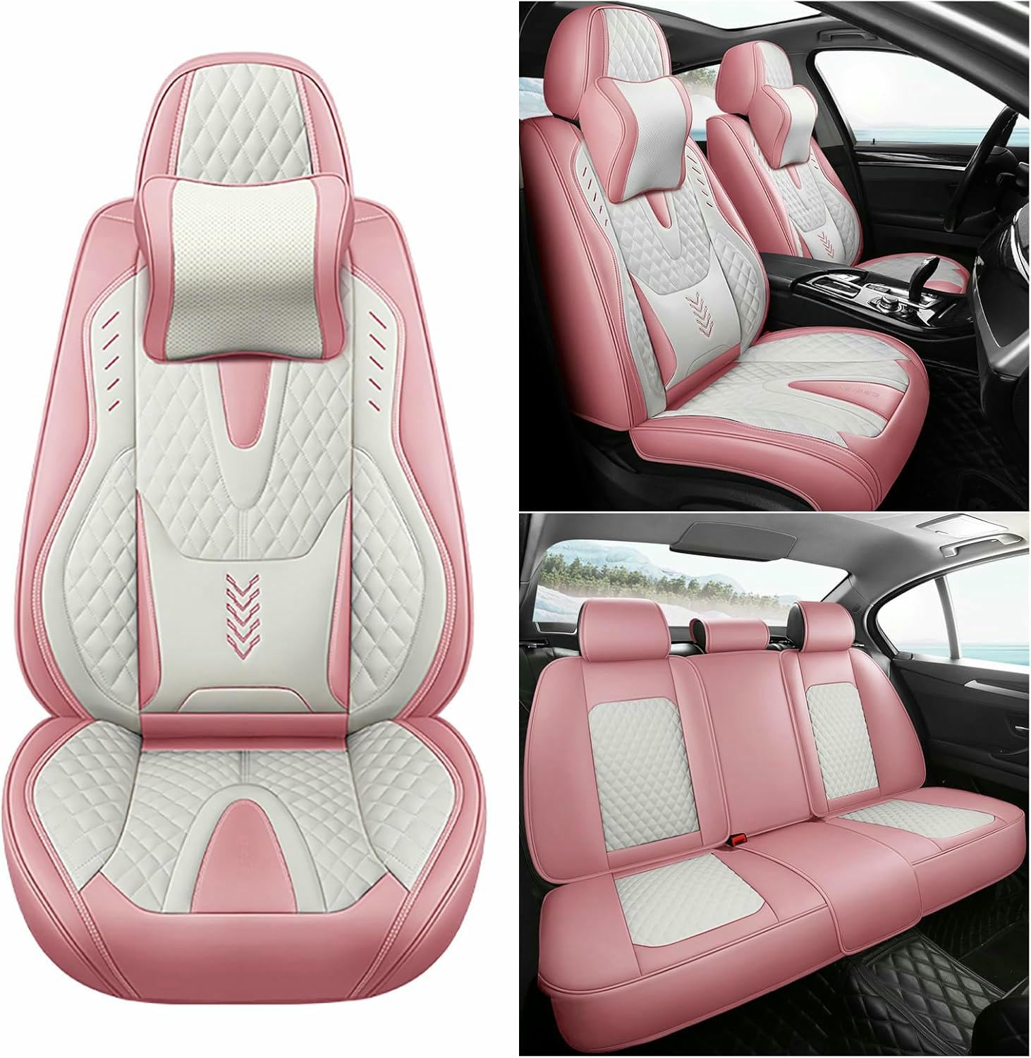 ELLIAT Uniwersalne skórzane pokrowce na siedzenia samochodowe do Peugeot Todos Los Modelos 106 205 206 301 306 307 308 406 407 508 3008, akcesoria 5-osobowe, różowe