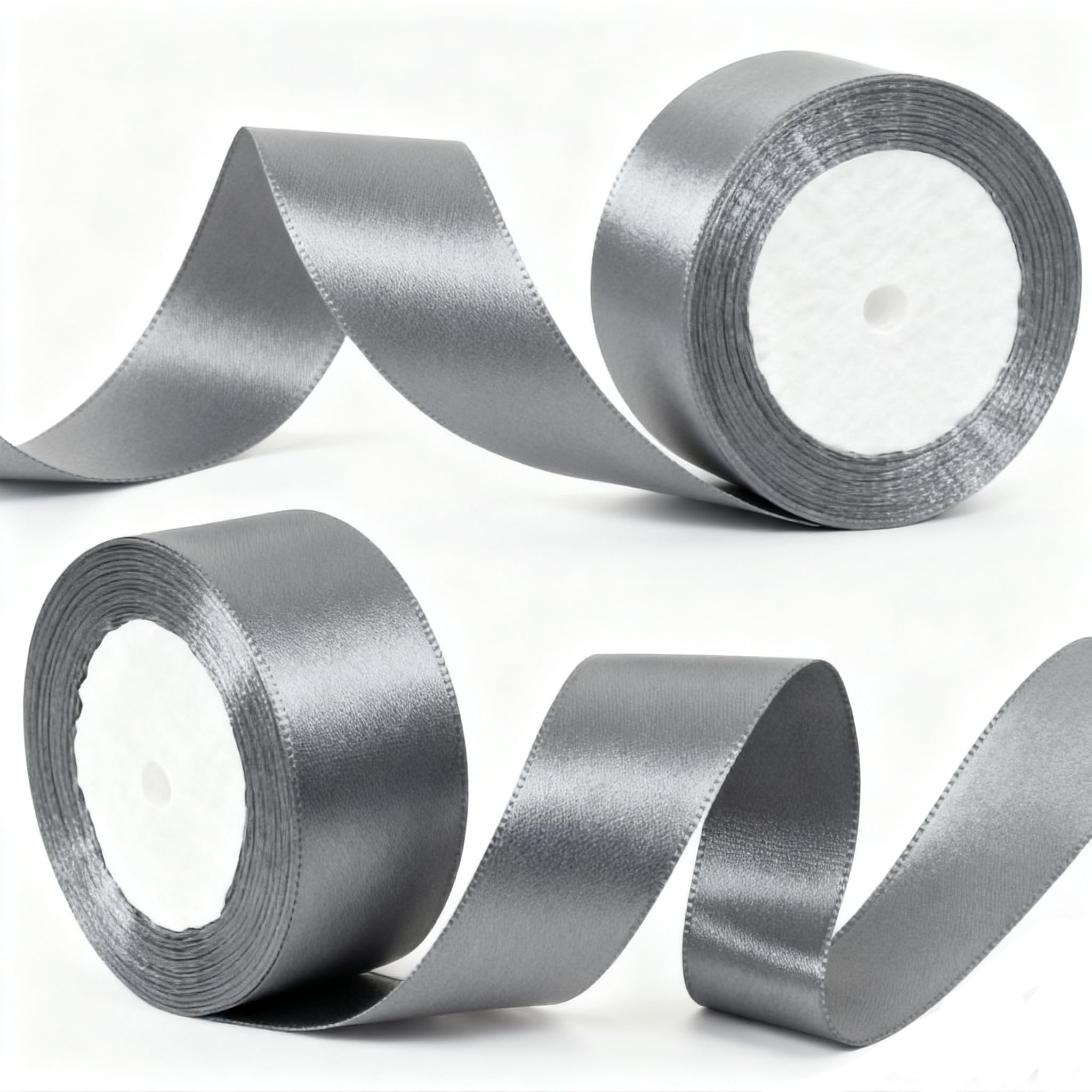 2 Rolls 50mm Silver Satin Ribbon for Gift Wrapping, 22m Thick Fabric Craft Ribbon for Balloons,Crafting,Hair,Bouquets,Wedding, Car,Presents,Cake,Christmas Party Decorations