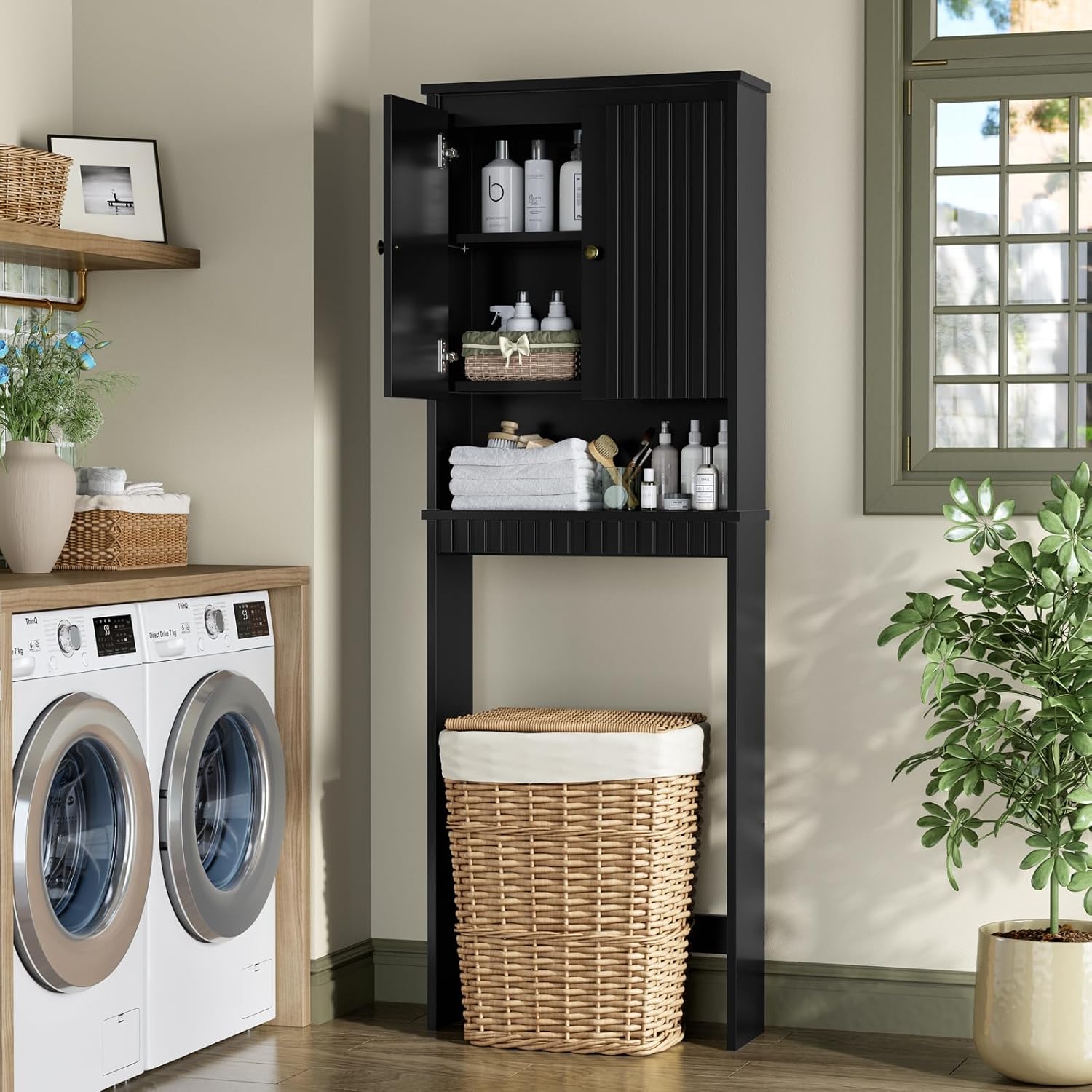 Over The Toilet Storage Cabinet, Above Toilet Storage with Fluted Panel Doors and Soft Hinges, Behind Toilet Bathroom Organizer Bathroom Spacesaver Rack (Black)
