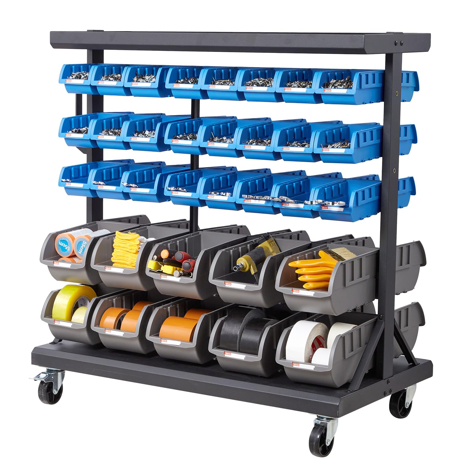 VEVOR 5-Tier Double-Sided Rolling Bin Storage Rack, 68 Plastic Bins, Dual-Sided Parts Organizer with Wheels, Mobile Tool Organizer for Garage,