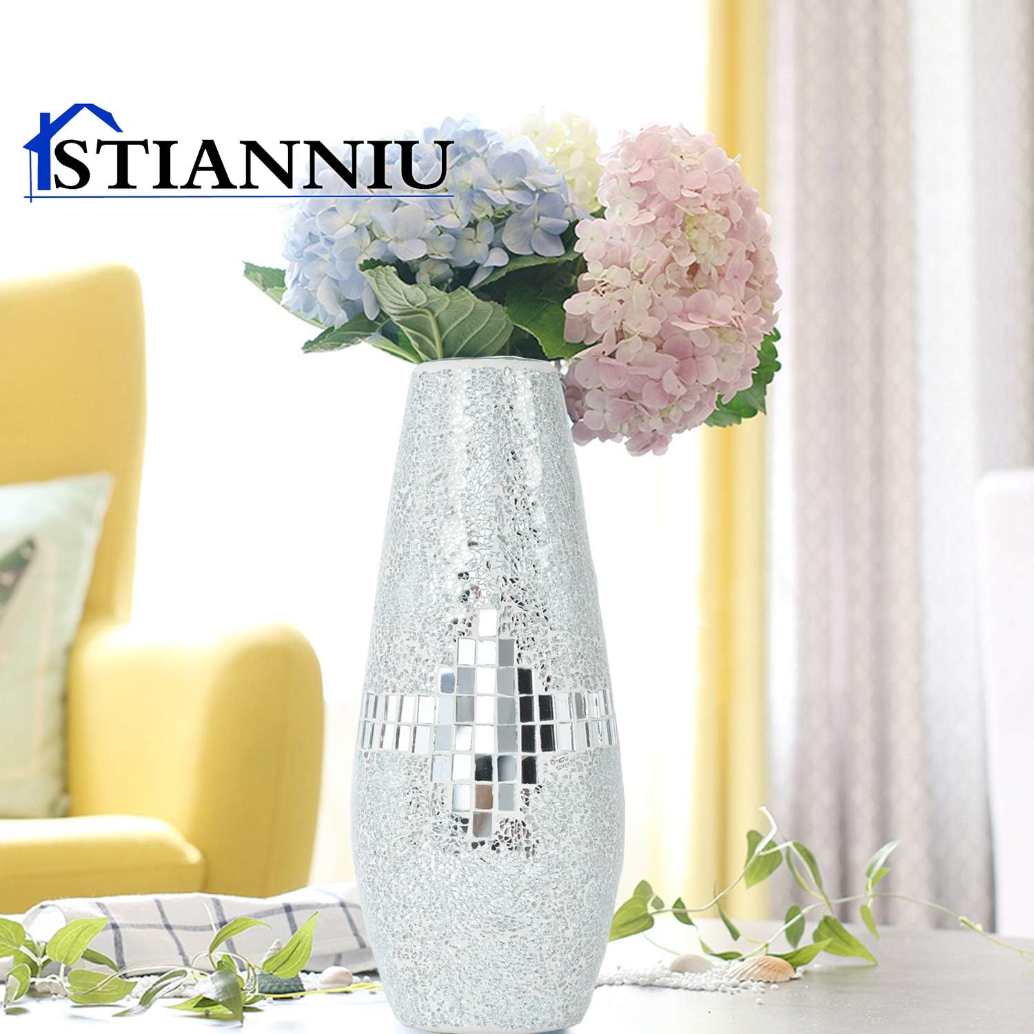 Decorative Shine Vase Stunning Handmade Mosaic Crackle Glass House Decor Table Centerpieces Modern Room Decoration (Silver)