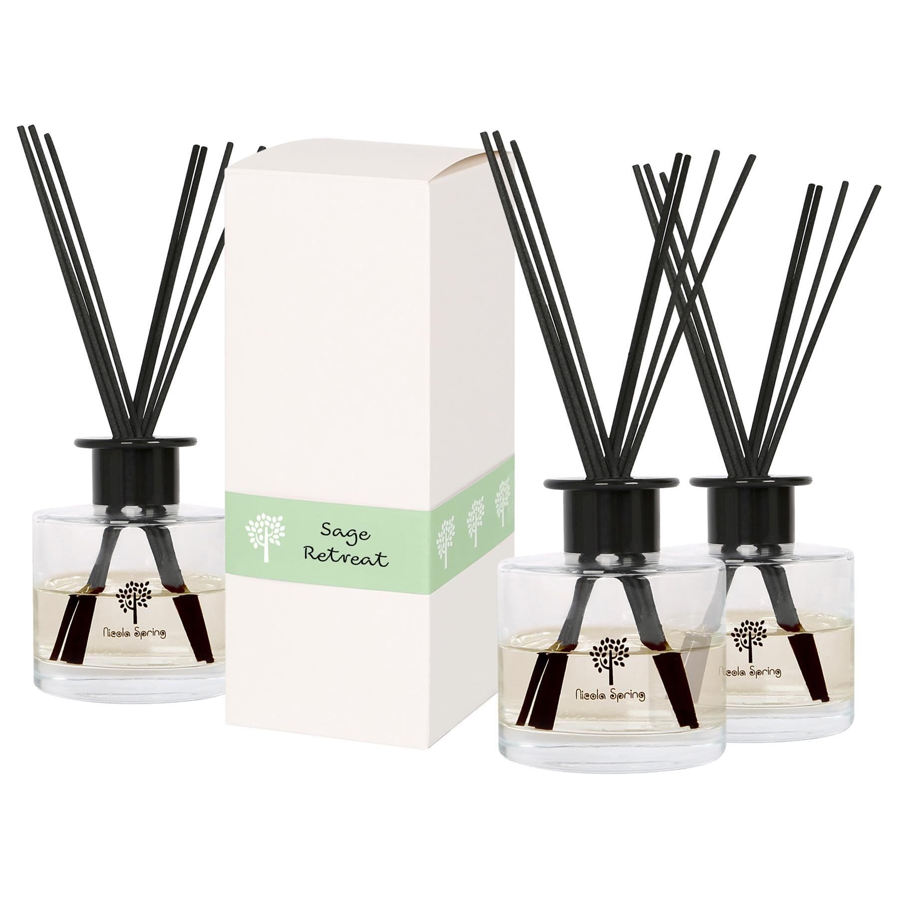Nicola Spring Sage Retreat Glass Reed Diffusers - 200Ml - 3X Home Décor Bathroom Bedroom Room Essential Oil Air Freshener With Scented Sticks 60 Day Fragrance