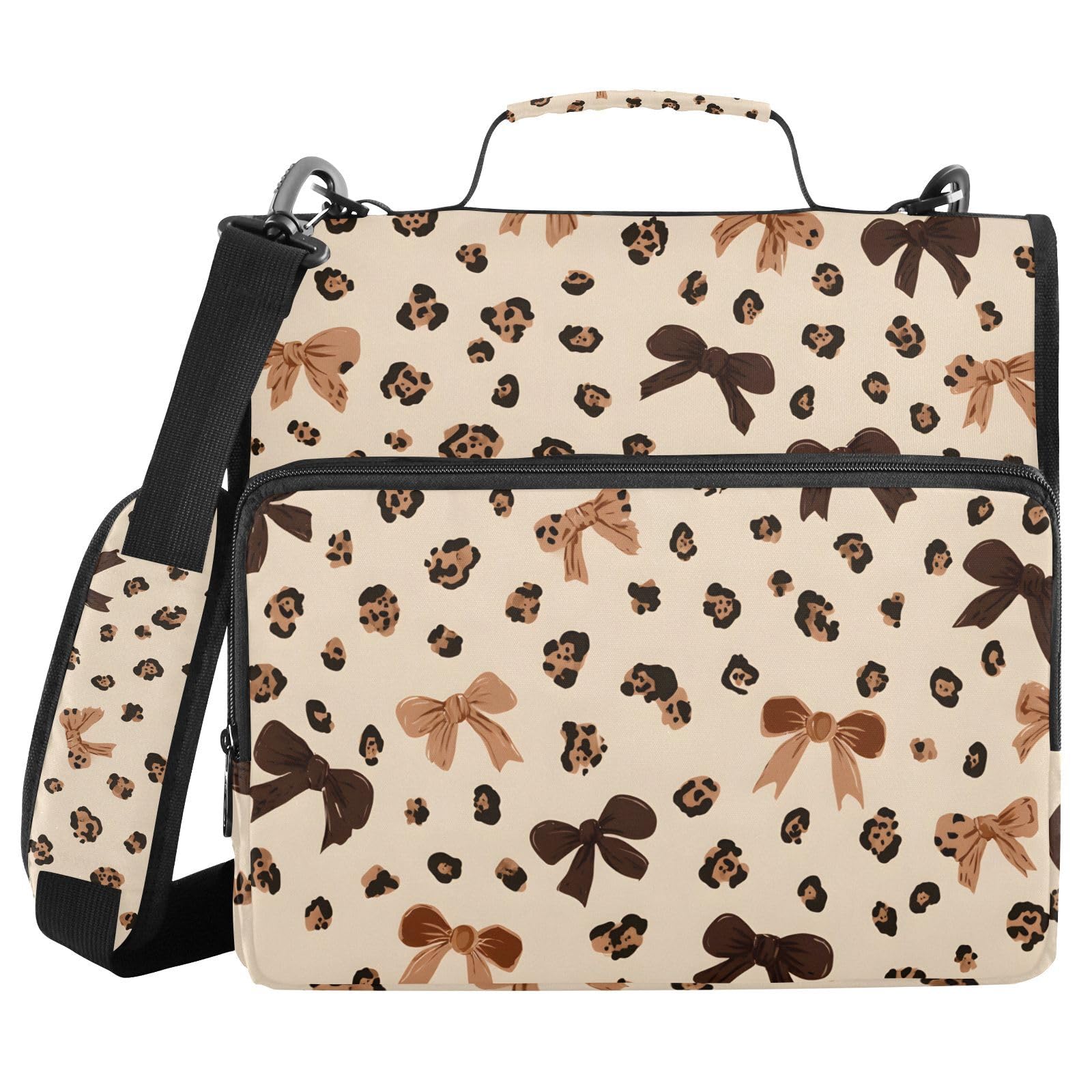 3 Ring Zipper Binder with Shoulder Strap Leopard Print Bow Pattern 1.5 inch Binders Keeper Large Capacity Multi Pockets for School Office Supplies
